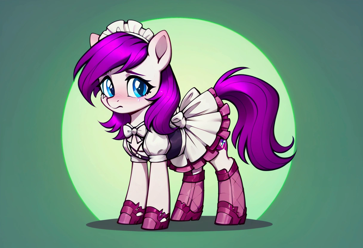 score_9,score_8_up,score_7_up,score_6_up, ((my little pony)), radiant lighting, vibrant colors, whimsical atmosphere, 8K, high resolution, highly detailed, masterpiece, (shy look), ((pony body)), white body, pink hair, blue eyes, maid costume