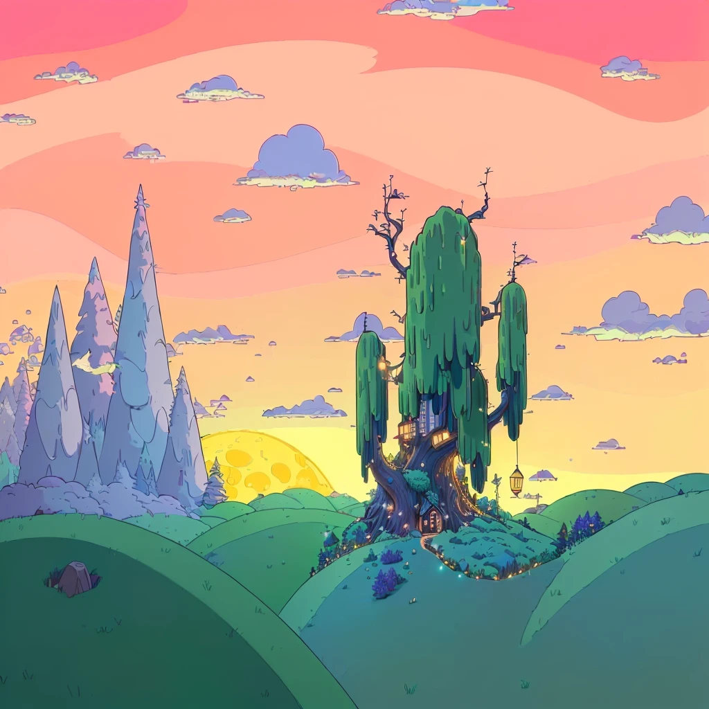(best quality,4k,8k,highres,masterpiece:1.2),ultra-detailed,(realistic,photorealistic,photo-realistic:1.37),detailed scenary, adventure time, detailed background, lofi art, cartoon style, night scene, colorful, bright moon, glowing fireflies, lush foliage, winding path, cozy cottage, whimsical atmosphere