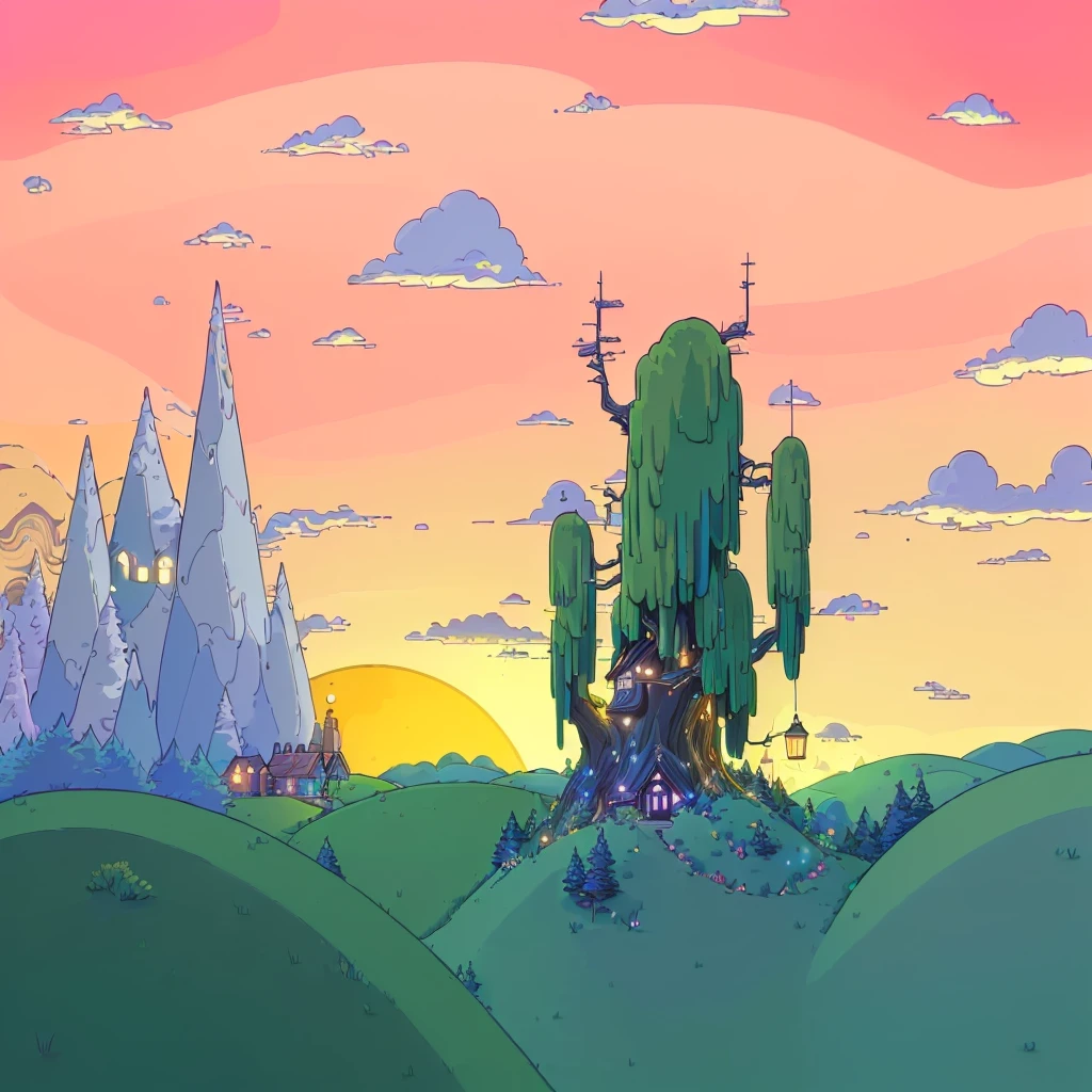 (best quality,4k,8k,highres,masterpiece:1.2),ultra-detailed,(realistic,photorealistic,photo-realistic:1.37),detailed scenary, adventure time, detailed background, lofi art, cartoon style, night scene, colorful, bright moon, glowing fireflies, lush foliage, winding path, cozy cottage, whimsical atmosphere