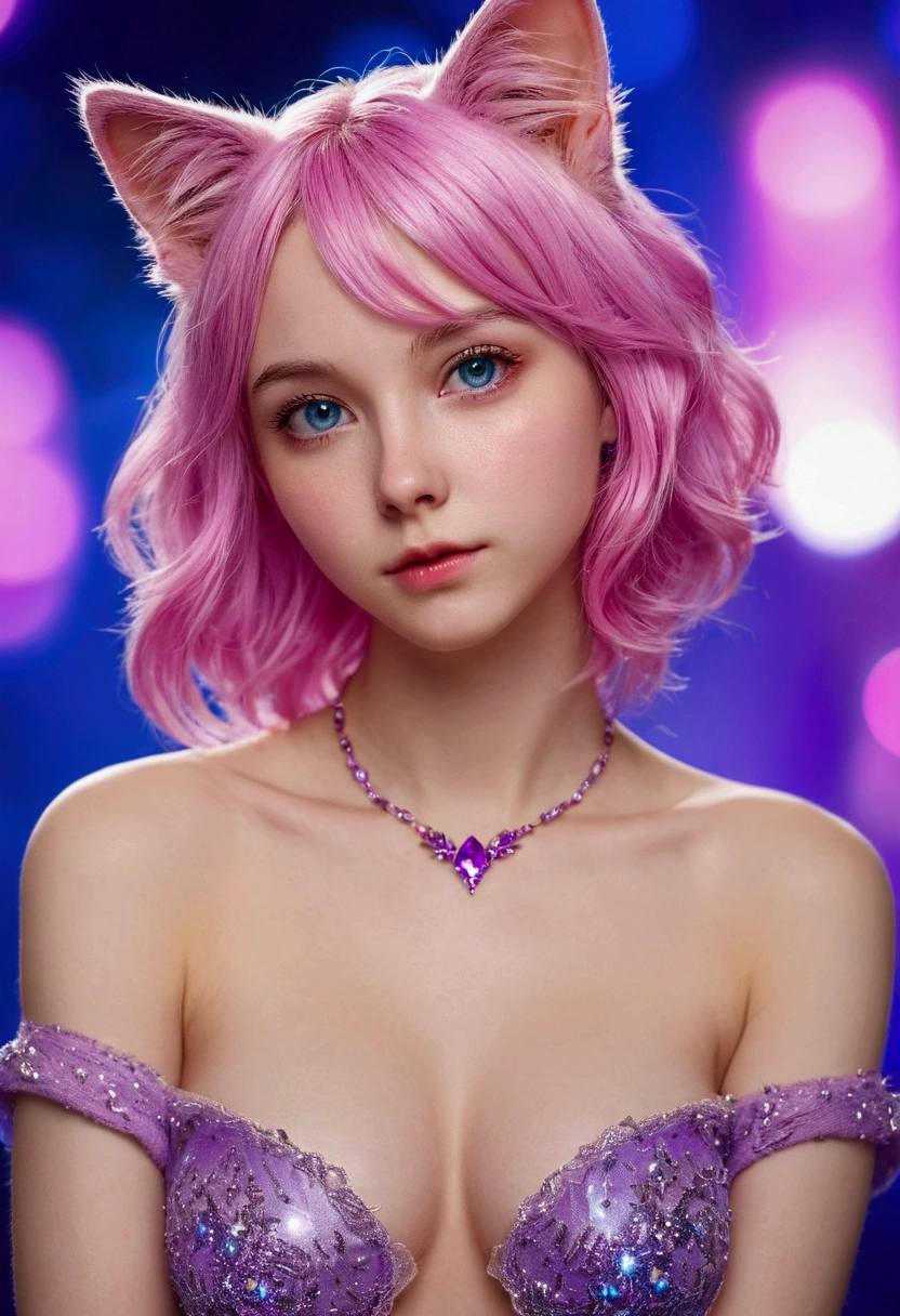 {{masterpiece}},{{Highest quality}},Bokeh,Awareness-raising,1 perfect portrait of a girl, A fascinating eye for perfect detail), Colorful Hair, (pink soft hair:1.6), (Cat ear:1.3), Nude, naked, show off pussy, Slim and tall body type, Fantasy purple background, {Exposed bare shoulders},{Long-term alienation_sleeve}, {Lean forward slightly}, If you look up,hair ornaments,{shy},Please keep your mouth shut, Tilt your head,{Small breasts} ,Cinema Lighting,Larger clothes, ((Seductive pose)), Bright Blue Eyes, close