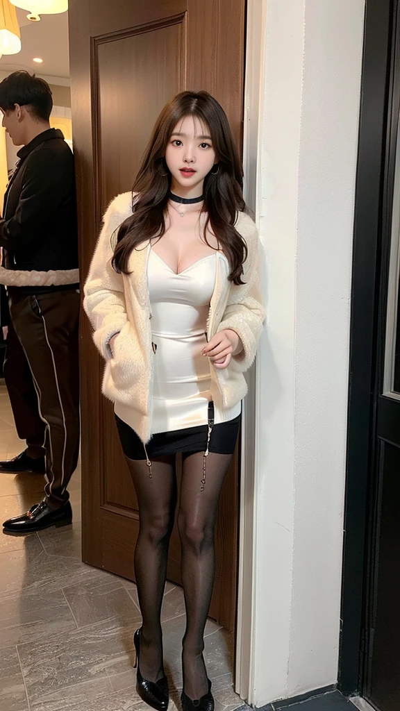 (((NFSW : 1.2))), (((pornography))), (realistic), (intricate details:1.2), (masterpiece、:1.3), (top quality:1.4), (Ultra A high resolution:1.2), Ultra A high resolution, 8K resolution, very detailed expression, dark, (high quality), complete anatomy, natural anatomy, full body photo, (한 한국여성이 오피스텔 현관을 들어오면서 한쪽 다리를 옆으로 슬쩍 들어올려 하이힐을 벗는 중에 있습니다. : 1.6), (그녀는 오피스텔로 신발을 벗고 들어오고 있습니다. :1.6), (그녀의 시선은 자신의 발끝을 향합니다:1.4), she is 21 years old, (call girl:1.5), (prostitute: 1.5), (she is korean:1.6), (beautiful : 1.4), (Dyed fancy colored hair banging), (big earrings), heavy makeup, Confusing wording, choker necklace, long legs, (a girl weared slim feminine dress and pantyhose. : 1.4), (a girl weared strappy high heels :1.4), (a girl is wearing a fur jacket :1.4), (She is carrying a woman's bag : 1.4), (남자들은 그녀를 기다리고 있습니다 : 1.4), (남자들의 시점 :1.4), glowing skin,(eye contact each other :1.4),(She being caught and sexually harassed by 2 men : 1.5), (the front door of the hotel room : 1.6), (detailed background:1.2),(She has fun with several Korean men : 1.4),