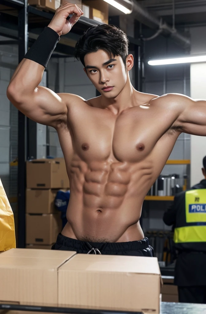 1 handsome Asian guy,27岁policeman,arafed male police 官 in walking down a hallway, , wearing a sexy police outfit , kinky police , open outfit: police expose the penis , , majestic,Who is Shi Yu?, Li Yuanbin, Kim Hyung Tae, Kim Hyung Tae, Yin Shishan, Handsome Asian muscular guy,Broad shoulders and narrow waist,A handsome guy in police uniform,Form-fitting fabric contours the bust,in a remote warehouse,hands tied behind back,Hands tied behind the back,hands tied behind back,Masculine and sexy,High,Muscles look good,hairy body,Wheat complexion,black eyes(thin eyes 1:3),whole body image, huge penis, manly penis