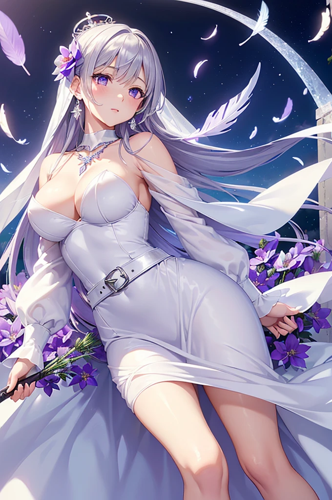 1 Angel holding a weapon, The background is Sky City,((Gorgeous White and Purple Elegant Silk Dress, holding a bouquet of clematis, silk accessories, veil, silver necklace, Diamond ring, Flower earrings, belt, collar, Silver Crown, silk long sleeves)), Elegant hairstyle, Garden Background, ((Perfect body shape, Medium breasts, Queen and Frozen Halo, Flowers and feathers flying effect, Clean and delicate skin, Silver and lavender pupils, blush)), Best quality anime 16k wallpaper quality, Extremely detailed eyes and body, Spiral Vitality Girl, enclose, high resolution , masterpiece, Super Lighting, Scenes, cold noodle, best body, shining, Creative