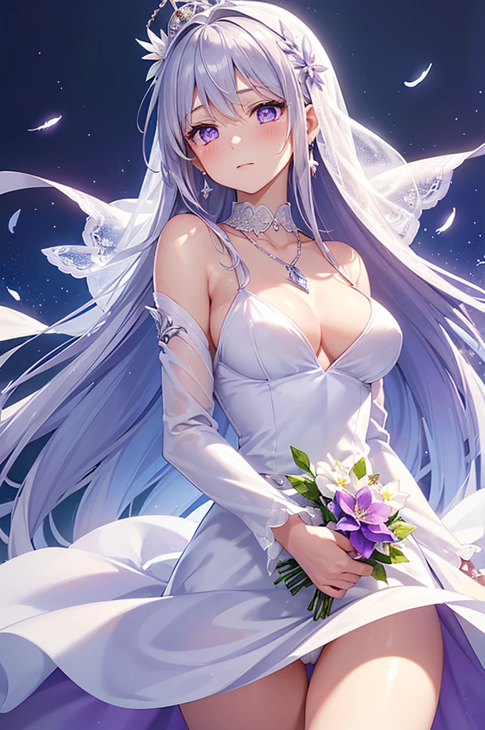 1 Angel holding a weapon, The background is Sky City,((Gorgeous White and Purple Elegant Silk Dress, holding a bouquet of clematis, silk accessories, veil, silver necklace, Diamond ring, Flower earrings, belt, collar, Silver Crown, silk long sleeves)), Elegant hairstyle, Garden Background, ((Perfect body shape, Medium breasts, Queen and Frozen Halo, Flowers and feathers flying effect, Clean and delicate skin, Silver and lavender pupils, blush)), Best quality anime 16k wallpaper quality, Extremely detailed eyes and body, Spiral Vitality Girl, enclose, high resolution , masterpiece, Super Lighting, Scenes, cold noodle, best body, shining, Creative