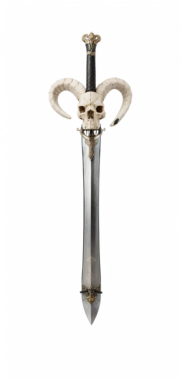 Sword, on its scabbard has a sheep's skull, sword wrapped by a black snake.
