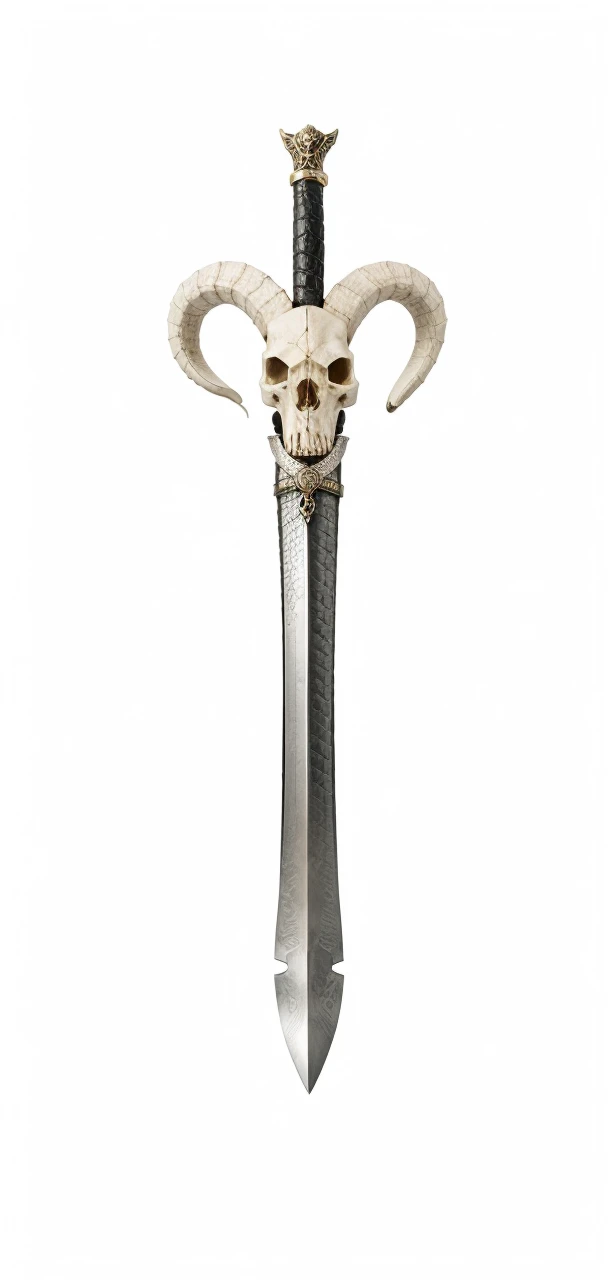 Sword, on its scabbard has a sheep's skull, sword wrapped by a black snake. 