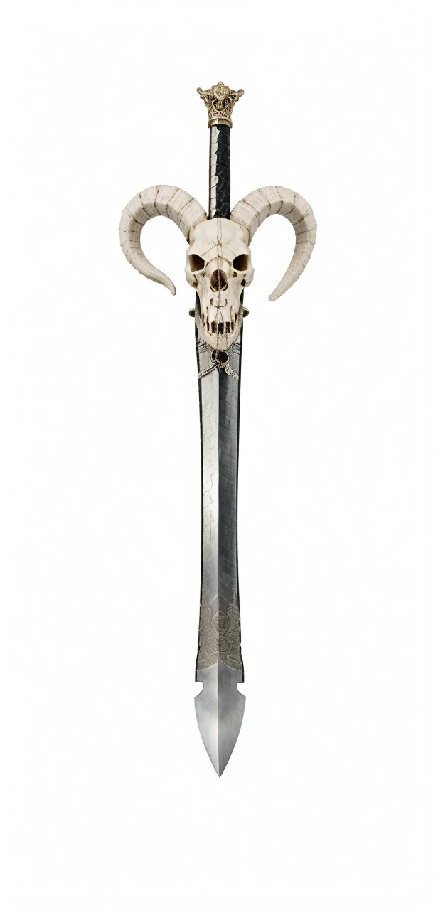 Sword, on its scabbard has a sheep's skull, sword wrapped by a black snake.