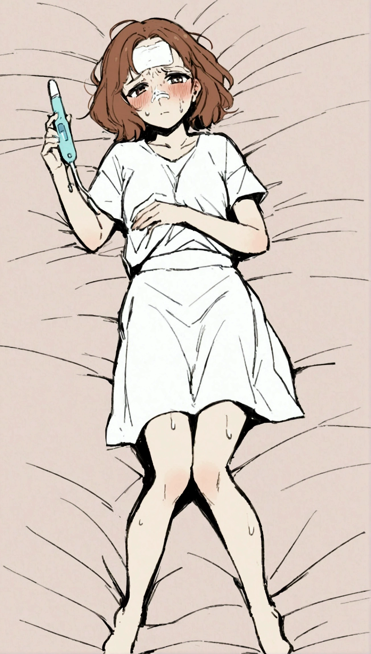 Anime. 1 woman. Young woman. 35 years. Sick. Lying in bed. Full height. Full body. Salts flow from the nose. Compress on the forehead. thermometer under my arm. Sweat. I peed myself. I crap myself with diarrhea.