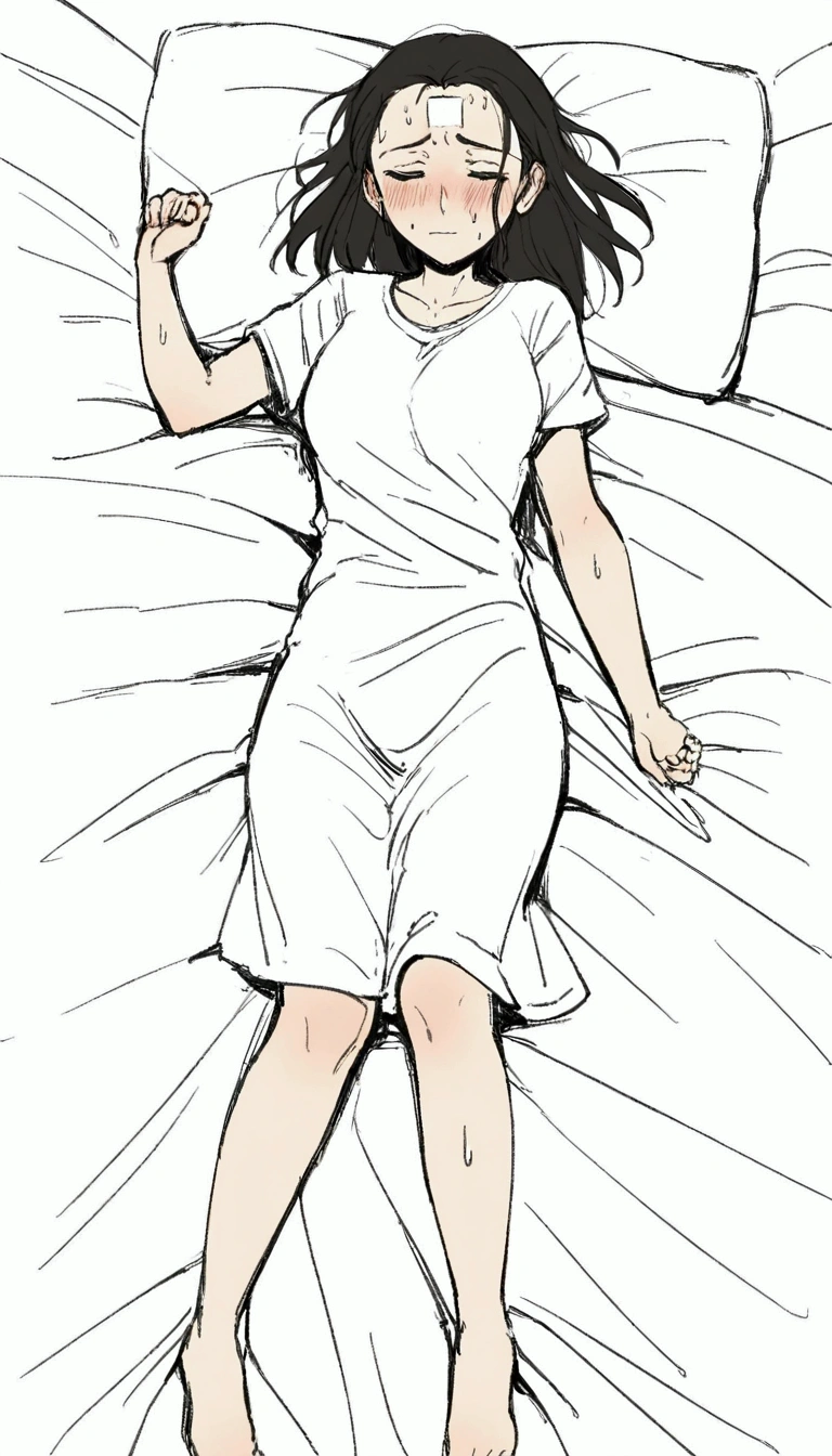 Anime. 1 woman. Young woman. 35 years. Sick. Lying in bed. Full height. Full body. Salts flow from the nose. Compress on the forehead. thermometer under my arm. Sweat. I peed myself. I crap myself with diarrhea.