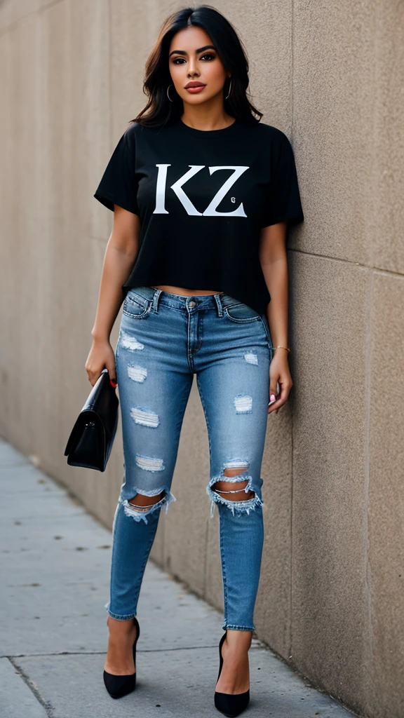 Latina woman 25 years old ,stable model ,transparent lenses ,with black t-shirt with the letters "K2" and ripped jeans black high heels