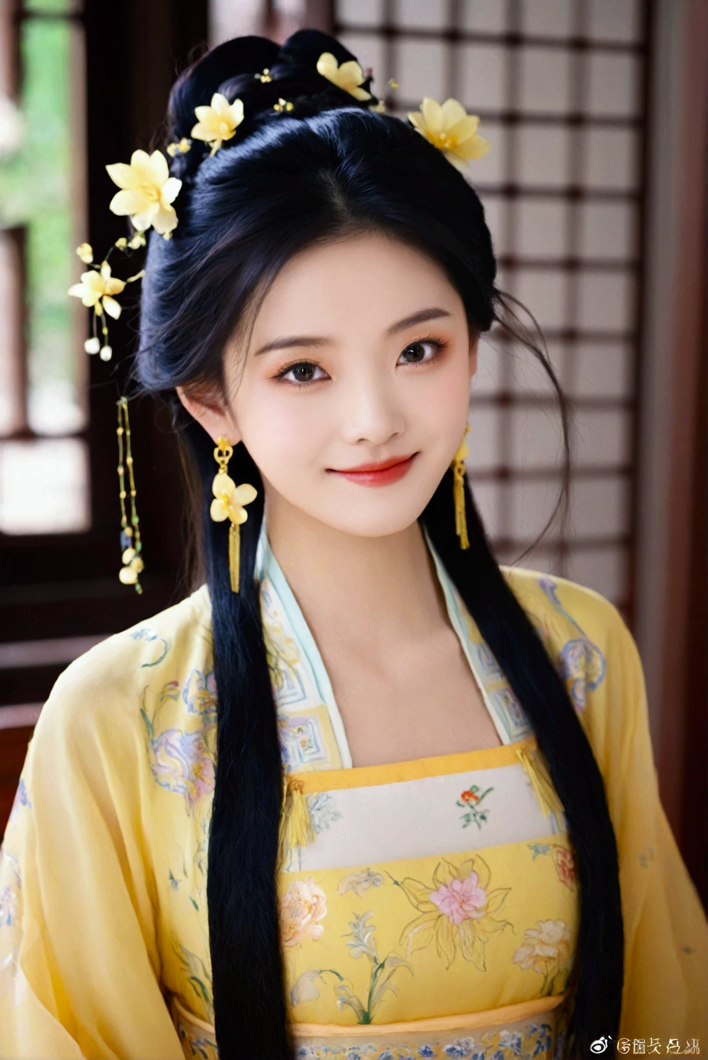 1girl, solo, looking at viewer, smile, black hair, hair ornament, dress, jewelry, upper body, flower, earrings, indoors, hair flower, black eyes, chinese clothes, realistic, yellow dress, hanfu
