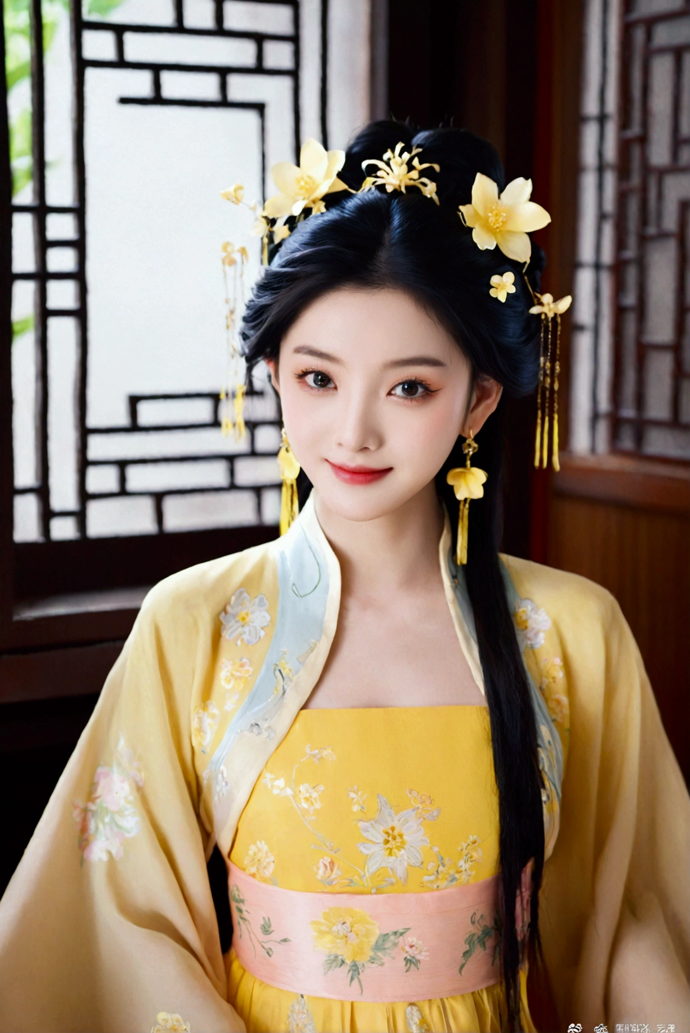 1girl, solo, looking at viewer, smile, black hair, hair ornament, dress, jewelry, upper body, flower, earrings, indoors, hair flower, black eyes, chinese clothes, realistic, yellow dress, hanfu