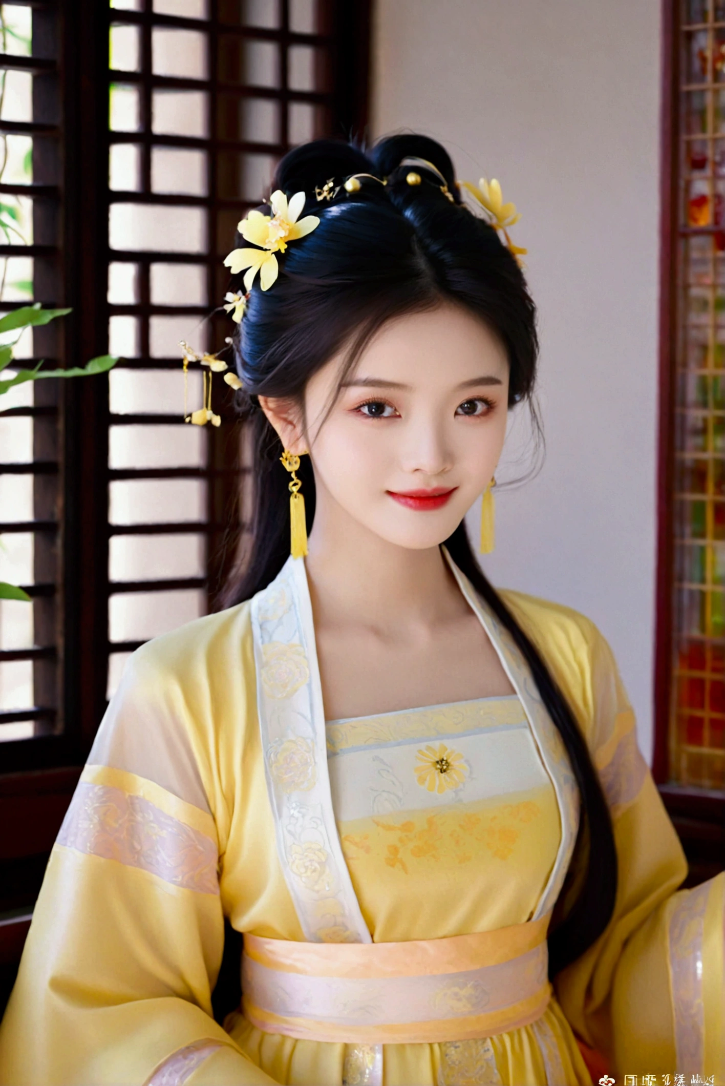 1girl, solo, looking at viewer, smile, black hair, hair ornament, dress, jewelry, upper body, flower, earrings, indoors, hair flower, black eyes, chinese clothes, realistic, yellow dress, hanfu