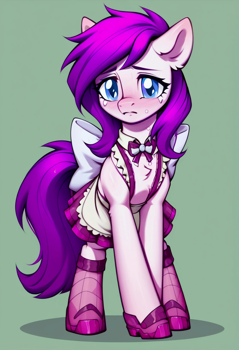 score_9,score_8_up,score_7_up,score_6_up, ((my little pony)), radiant lighting, vibrant colors, whimsical atmosphere, 8K, high resolution, highly detailed, masterpiece, (shy look), ((pony body)), white body, pink hair, blue eyes, maid costume 