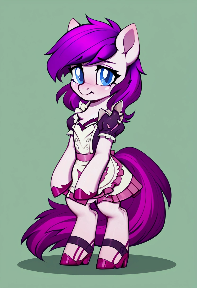 score_9,score_8_up,score_7_up,score_6_up, ((my little pony)), radiant lighting, vibrant colors, whimsical atmosphere, 8K, high resolution, highly detailed, masterpiece, (shy look), ((pony body)), white body, pink hair, blue eyes, maid costume