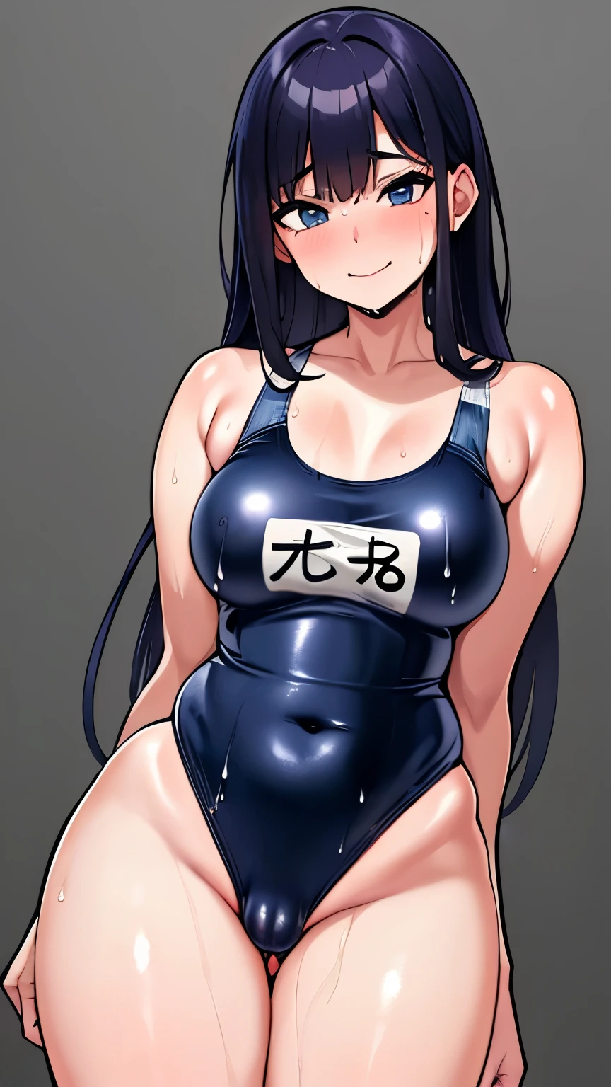 Anime Girls, (masterpiece, highest quality, 8K ultra-high resolution:1.4), gleaming skin, beautiful detailed eyes, ultra-detailed, cowboy shot
1girl. solo, mature, adult, milf, facing viewer, 
looking at viewer,
smile, horny, sweat, nervous, 
((school swimsuit)), Highly detailed glossy skin, Dark blue one-piece swimsuit, (Swimsuit with wet and shiny details: 1.2), big butts, thick thighs, large bulge
grey background, simple background, 