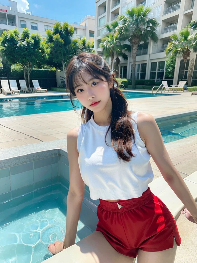 Super high-quality realistic photo of a young Asian beauty, lifeguard, wearing a white vest and red sports shorts, with the hotel's infinity swimming pool in the background.