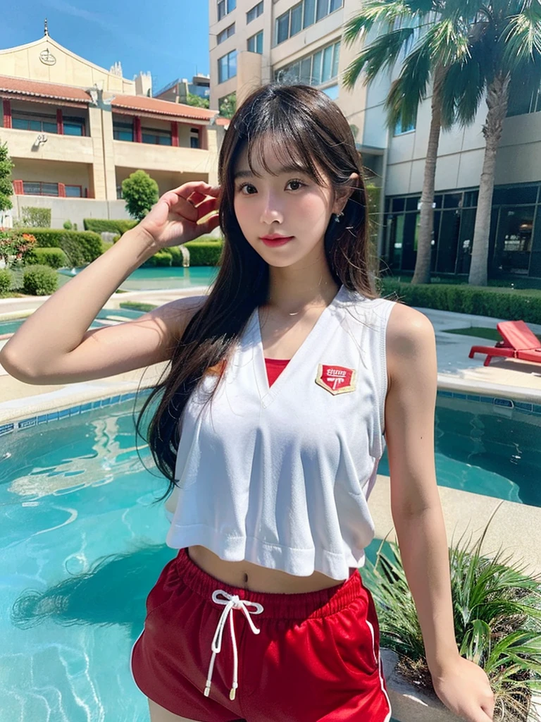 Super high-quality realistic photo of a young Asian beauty, lifeguard, wearing a white vest and red sports shorts, with the hotel's infinity swimming pool in the background.