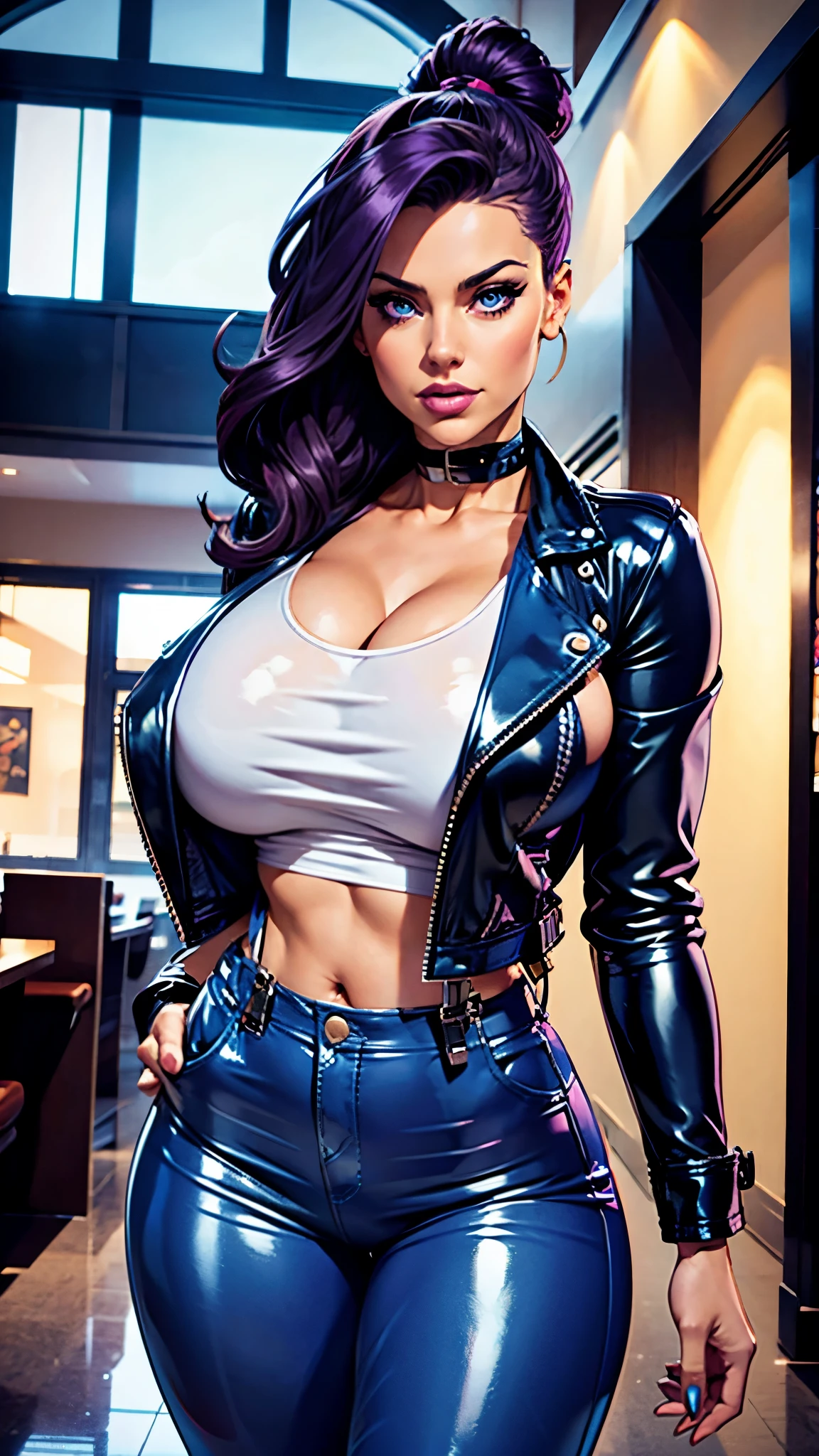 She sports striking purple hair that reaches her back. Her hazel eyes add warmth to her expression. She dresses in a blue latex jumpsuit with black leather suspenders AND leather jacket that reflect her more relaxed but chic style. Busty, big hip, big legs, big ass. Cómic style