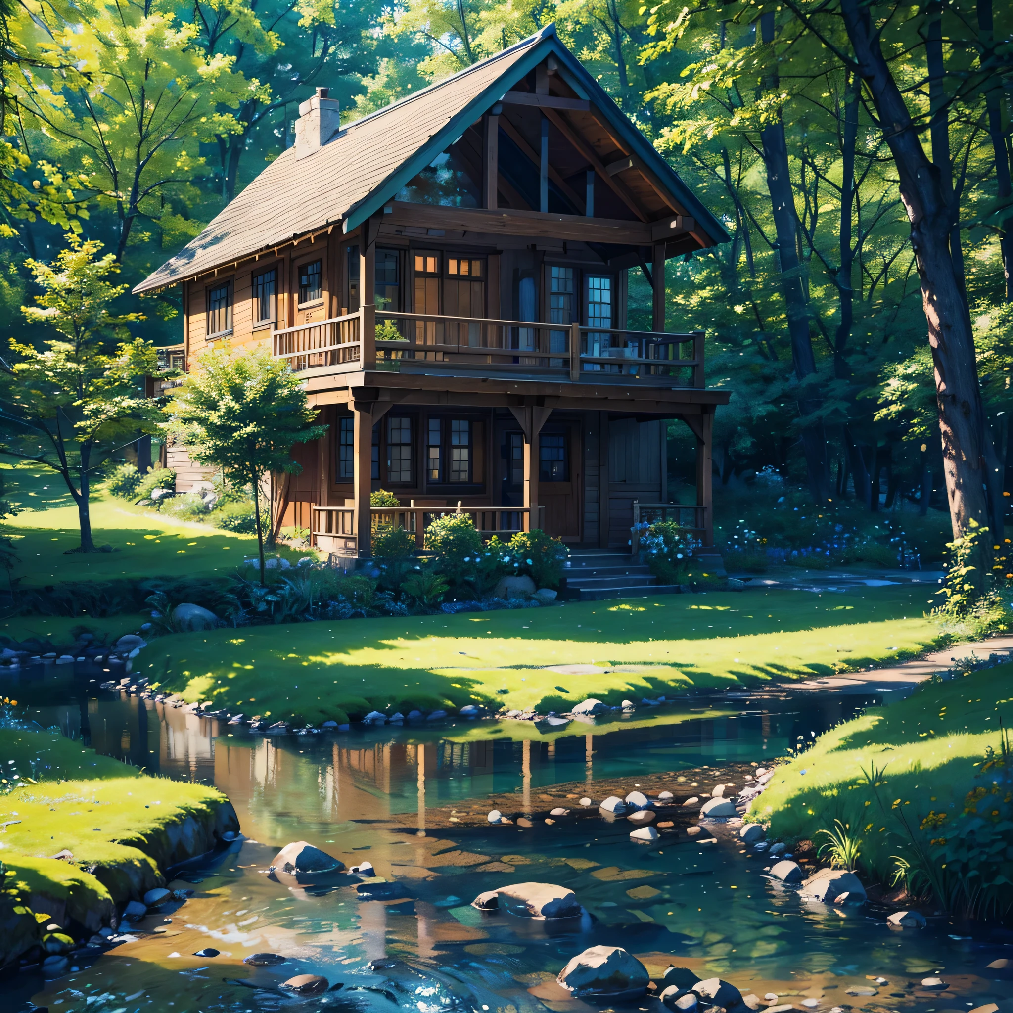 A quaint cottage surrounded by a vibrant meadow, with rolling hills in the background and lush green grass all around. A clear brook runs nearby, crossed by a wooden bridge, with sunbeams shining through the trees. Birds fly overhead, creating a peaceful, inviting atmosphere. (best quality, 4k, 8k, highres, masterpiece:1.2), ultra-detailed, (realistic, photorealistic, photo-realistic:1.37), landscape, natural lighting, vibrant colors, serene.