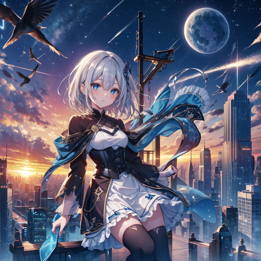 Illustration of one person, Dengeki Bunko, Woman Looking Back, Perfect Human Medicine, Woman keeps falling, {{{{{Maid clothes}}}}},Small Tits,anime, Two legs, Cool,{{{{{50 year old woman}}}}} ,{{{{{a person is depicted}}}}},(Official Art、{{{{{Upper Bodyアングル}}}}},Highest quality、Unity 8k wallpaper、32k、masterpiece、Ultra-detailed、Ultra-high resolution, Realistic、Grab your hair with your hands, Photorealistic:1.2)、(Cinema Lighting:1.2)、,Fire Glow Effect、The most grainy shadows on the film、Rim Light、Side light、Side Shot、(Ultra-detailedで複雑な3Dレンダリング)、Very short hair, Short wolf hair,細部までBeautiful Faceと目、Sharp pupils、Realistic生徒、Slender、Highly detailed background、Beautiful Face、Beautiful 16 year old girl、(Ultra-detailedなスキン、Detailed skin texture:1.Silver Hair:1.3)、Blunt bangs、blue eyes、{{{{{黒いMaid clothes}}}}}、White apron costume、Black knee socks、(Thighs Thighs Thighs Thighs:0.8)、Black Bhutanese sticks and a beautiful sunset、Medieval castle、Dancing on the Tower Roof、(avert your eyes、Overlooking the city:1.3)、Fantastic、Close your mouth and bite, Makes your face smaller, (Tabletop), Highest quality, Perfect Face, 1 Girl, alone, Eye color is light blue, Hair between the eyes, Very Short Hair, blue eyes, Silver Hair, Knee-high boots, corset,Black gloves, Long sleeve, Upper Body, Light and multiple flying birds,
