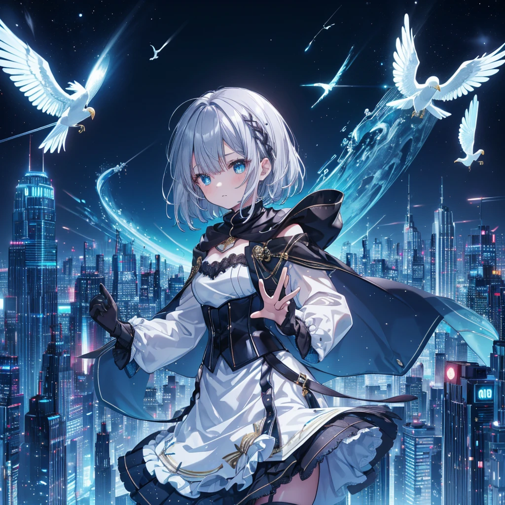 Illustration of one person, Dengeki Bunko, Woman Looking Back, Perfect Human Medicine, Woman keeps falling, {{{{{Maid clothes}}}}},Small Tits,anime, Two legs, Cool,{{{{{50 year old woman}}}}} ,{{{{{a person is depicted}}}}},(Official Art、{{{{{Upper Bodyアングル}}}}},Highest quality、Unity 8k wallpaper、32k、masterpiece、Ultra-detailed、Ultra-high resolution, Realistic、Grab your hair with your hands, Photorealistic:1.2)、(Cinema Lighting:1.2)、,Fire Glow Effect、The most grainy shadows on the film、Rim Light、Side light、Side Shot、(Ultra-detailedで複雑な3Dレンダリング)、Very short hair, Short wolf hair,細部までBeautiful Faceと目、Sharp pupils、Realistic生徒、Slender、Highly detailed background、Beautiful Face、Beautiful girl、(Ultra-detailedなスキン、Detailed skin texture:1.Silver Hair:1.3)、Blunt bangs、blue eyes、{{{{{黒いMaid clothes}}}}}、White apron costume、Black knee socks、(Thighs Thighs Thighs Thighs:0.8)、Black Bhutanese sticks and a beautiful sunset、Medieval castle、Dancing on the Tower Roof、(avert your eyes、Overlooking the city:1.3)、Fantastic、Close your mouth and bite, Makes your face smaller, (Tabletop), Highest quality, Perfect Face, 1 Girl, alone, Eye color is light blue, Hair between the eyes, Very Short Hair, blue eyes, Silver Hair, Knee-high boots, corset,Black gloves, Long sleeve, Upper Body, Light and multiple flying birds,