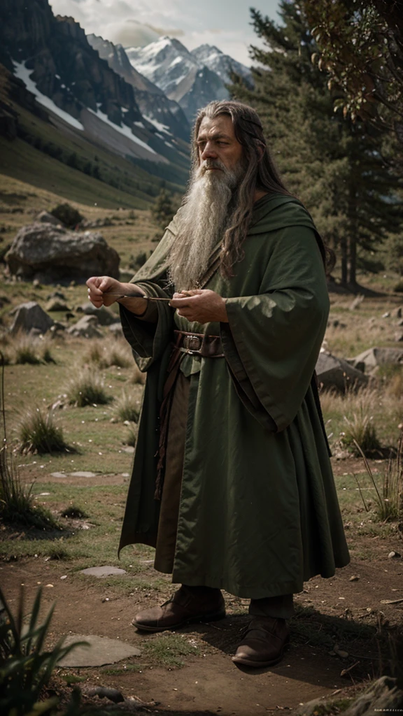 Make a wizard from the Lord of the Rings in a beautiful landscape style wallpaper 