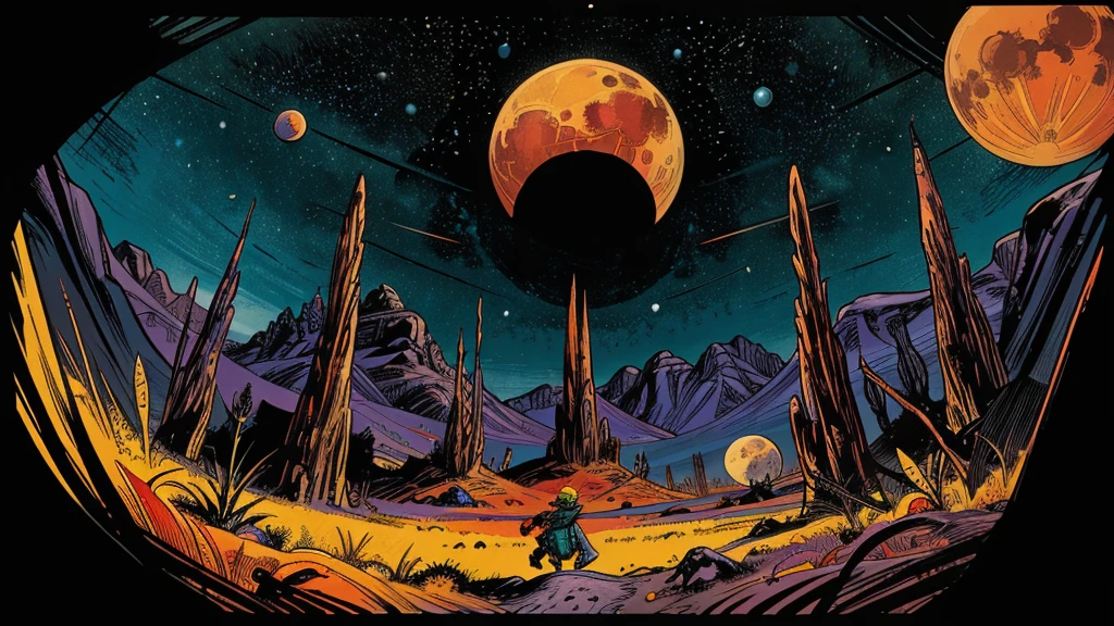 An artist's rendering of an exoplanet, strange plants, strange animals, flying creatures in the style of 1950s-70s comic book art. Use bold outlines, halftone patterns. Employ intense, saturated colors reminiscent of vintage four-color printing. Maintain a psychedelic, otherworldly atmosphere with swirling, colorful skies and strange celestial bodies. Bright red, green, blue, purple, orange color. Emphasize the contrast between light and shadow to create a dramatic, pulp sci-fi feel.