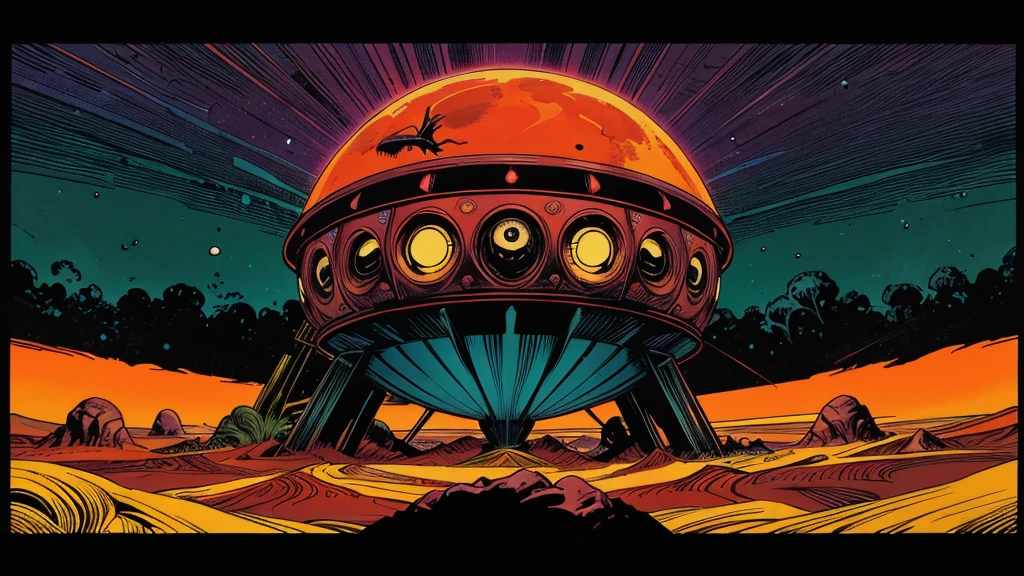 An artist's rendering of an exoplanet, strange plants, strange animals, flying creatures in the style of 1950s-70s comic book art. Use bold outlines, halftone patterns. Employ intense, saturated colors reminiscent of vintage four-color printing. Maintain a psychedelic, otherworldly atmosphere with swirling, colorful skies and strange celestial bodies. Bright red, green, blue, purple, orange color. Emphasize the contrast between light and shadow to create a dramatic, pulp sci-fi feel.