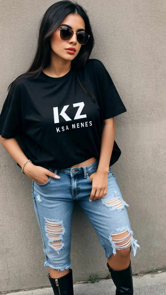 Latina woman 25 years old ,stable model ,transparent lenses ,with black t-shirt with the letters "K2" and ripped jeans black high heels