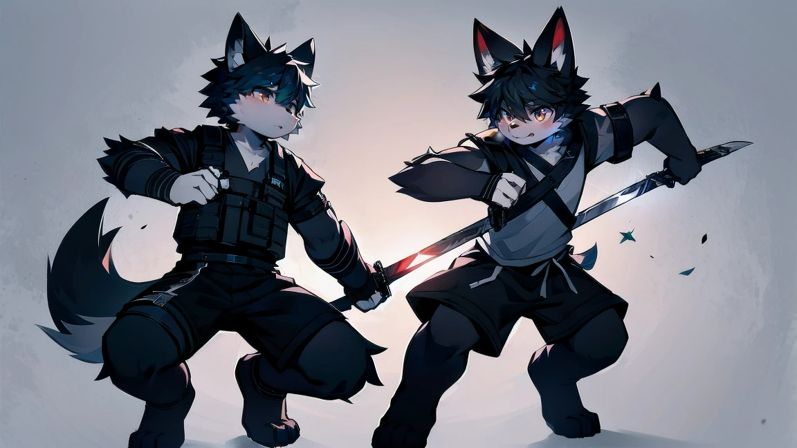 White Wolf，black hair，Red eyes，Wolf ears，Wolf Tail，juvenile，male，hairy，Hair，Half body armor，Combat uniform，Silver and black clothing，Handsome，Handsome，shorts，The forearm is exposed，leg，Fighting Stance，Duel，Two people，Anxious，Armed with a sword，Simple background，Swords