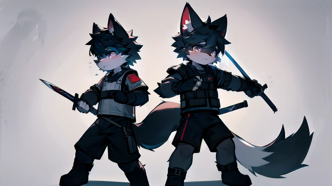 White Wolf,black hair,Red eyes,Wolf ears,Wolf Tail,juvenile,male,hairy,Hair,Half body armor,Combat uniform,Silver and black clothing,Handsome,Handsome,shorts,The forearm is exposed,leg,Fighting Stance,Duel,Two people,Anxious,Armed with a sword,Simple background,Swords