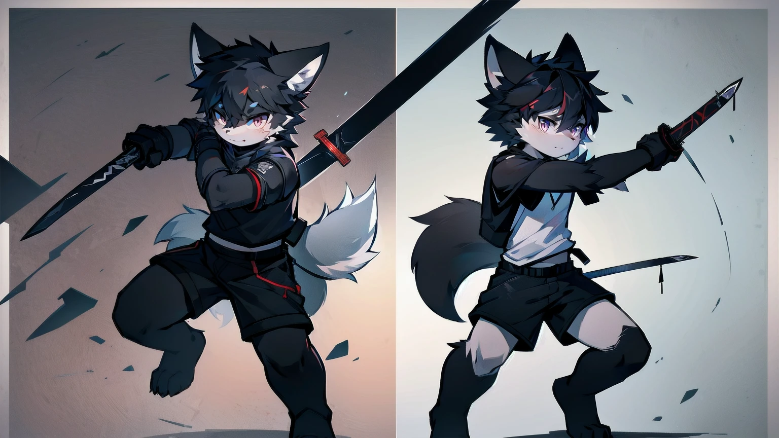 White Wolf,black hair,Red eyes,Wolf ears,Wolf Tail,juvenile,male,hairy,Hair,Half body armor,Combat uniform,Silver and black clothing,Handsome,Handsome,shorts,The forearm is exposed,leg,Fighting Stance,Duel,Two people,Anxious,Armed with a sword,Simple background,Swords