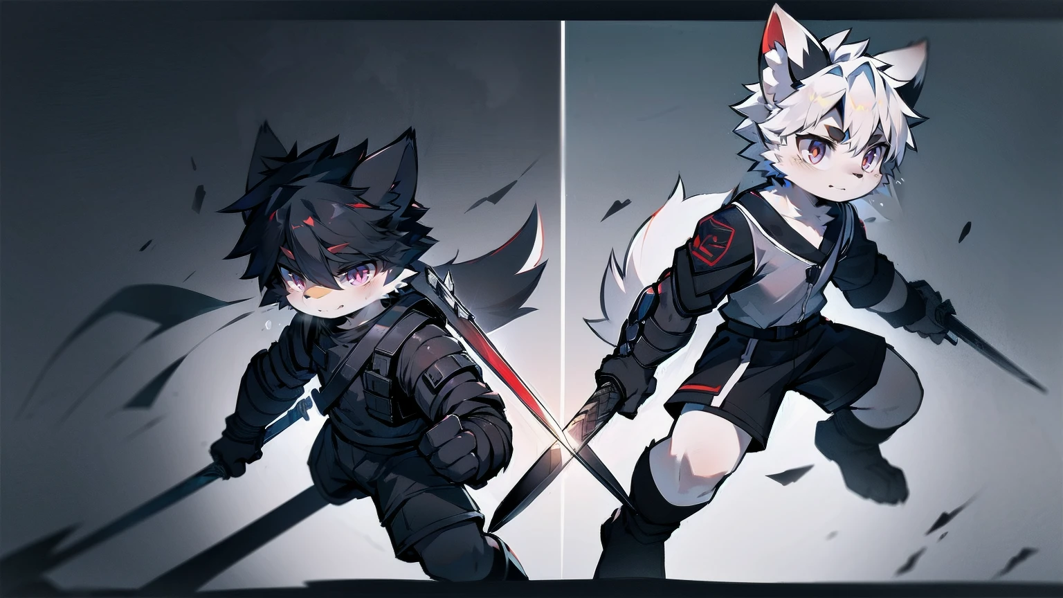 White Wolf,black hair,Red eyes,Wolf ears,Wolf Tail,juvenile,male,hairy,Hair,Half body armor,Combat uniform,Silver and black clothing,Handsome,Handsome,shorts,The forearm is exposed,leg,Fighting Stance,Duel,Two people,Anxious,Armed with a sword,Simple background,Swords