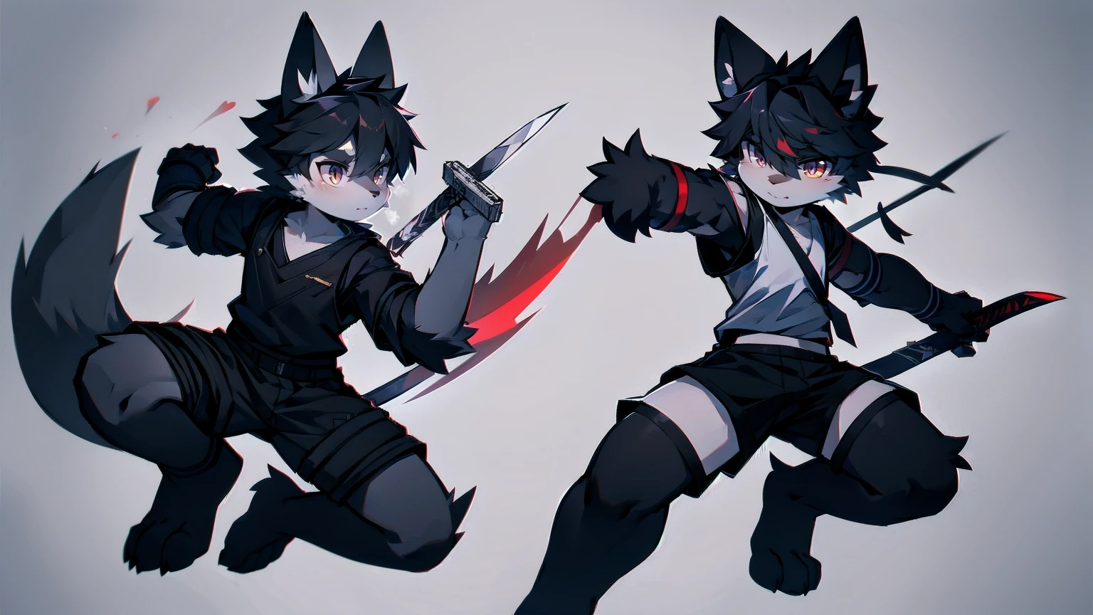 White Wolf,black hair,Red eyes,Wolf ears,Wolf Tail,juvenile,male,hairy,Hair,Half body armor,Combat uniform,Silver and black clothing,Handsome,Handsome,shorts,The forearm is exposed,leg,Fighting Stance,Duel,Two people,Anxious,Armed with a sword,Simple background,Swords