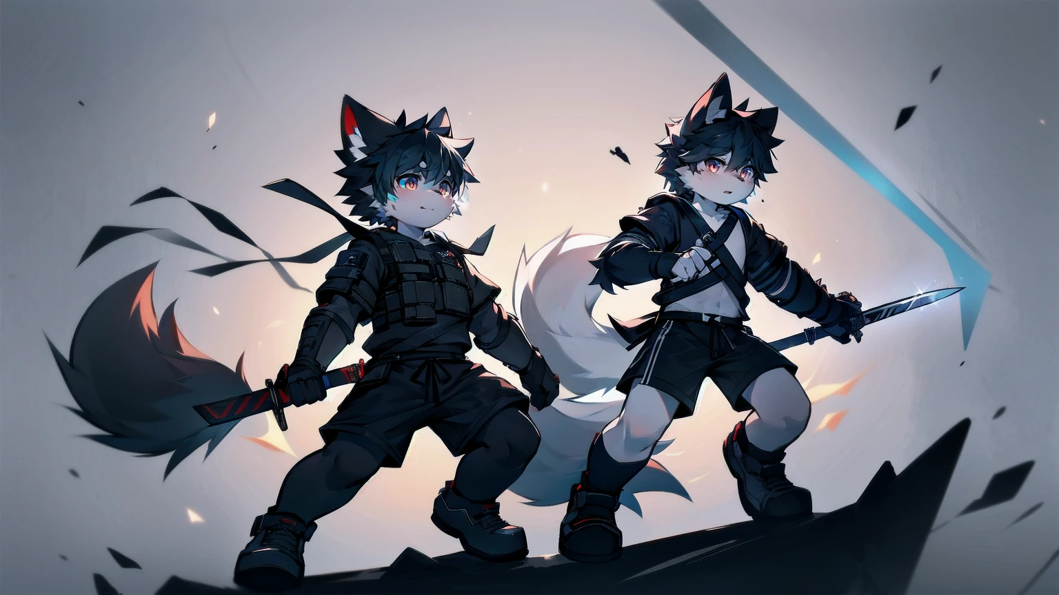 White Wolf，black hair，Red eyes，Wolf ears，Wolf Tail，juvenile，male，hairy，Hair，Half body armor，Combat uniform，Silver and black clothing，Handsome，Handsome，shorts，The forearm is exposed，leg，Fighting Stance，Duel，Two people，Anxious，Armed with a sword，Simple background，Swords