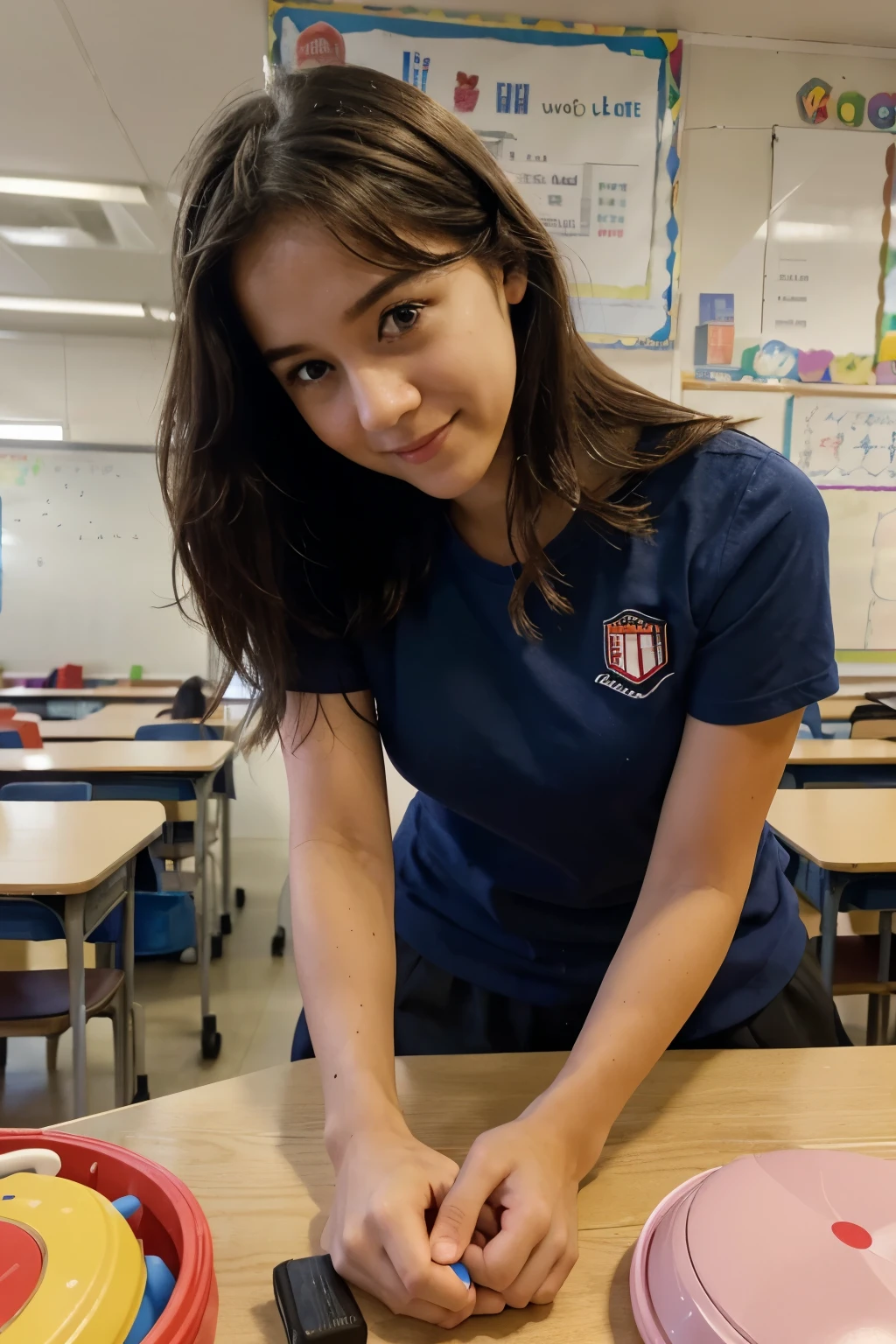 Generate a realistic image of this story: "Promoting Kindness and Respect in the Classroom Hello, I am Maria. at school, my kindergarten teacher teaches us to be kind and respectful to our friends. She shows us how to share toys and how to help each other. The teacher is always patient and kind to all of us. He listens to us and understands us. This makes us feel happy and safe in the classroom.. It's great that we can learn from her how to behave positively. When we share and help each other, we all feel happy and united. If I ever feel confused, I know the teacher will be there to help me. I will practice being kind and respectful every day in the classroom.. It's wonderful to be able to learn and grow in an environment where kindness and respect are so important!!"
