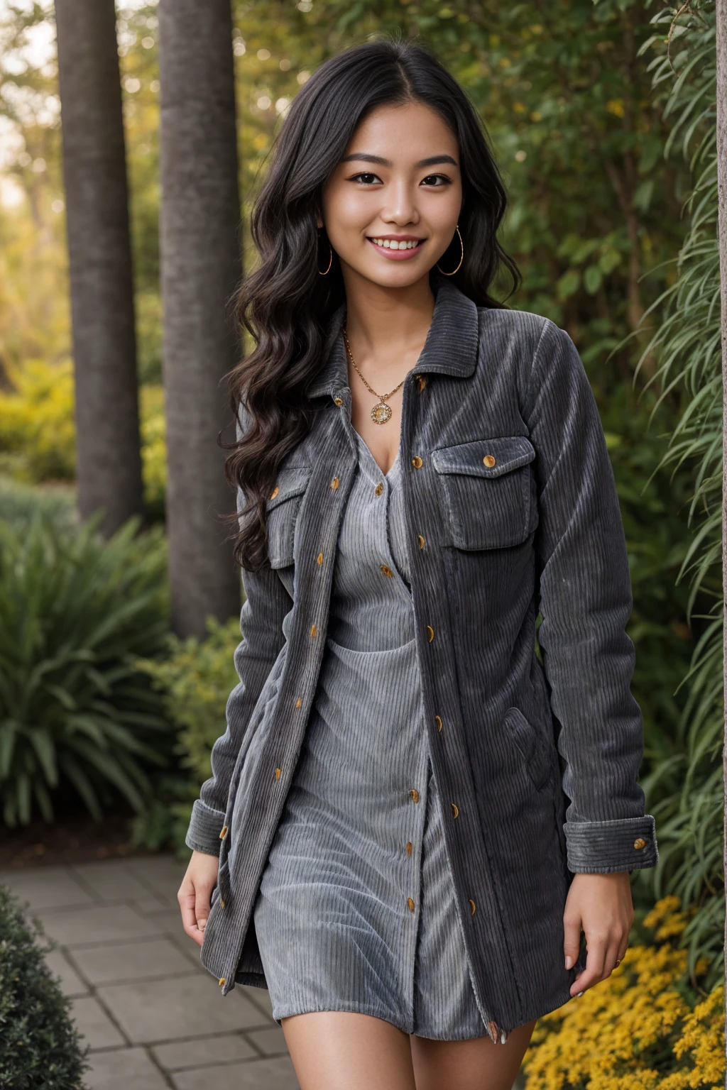 Half-length glamour portrait, nikon D850, f1.6 lens, 200mm, DSLR, 22 Megapixels, (((Luxurious garden scene))), shot of a stunning 19 years old korean girl, (smile:1.4), (wearing medium gray Corduroy jacket with denim shirt dress:1.6), ((seductive pose)), hot girl, (((big natural breasts))), (((black fringe hair))), (small girl), symmetrical face, photorealistic, photography, (bright natural lighting), gorgeous, deep cleavage, (masterpiece), best quality, high resolution, extremely detailed, cinematic lighting, (((very narrow waist))), rich colors, hyper realistic, lifelike texture, ((jewelry)), (((She has beautiful hands and wears rings))), (bracelet), (necklace), (ankle chain), (nail polish) (earrings), Fuji Superia 200, 8k
