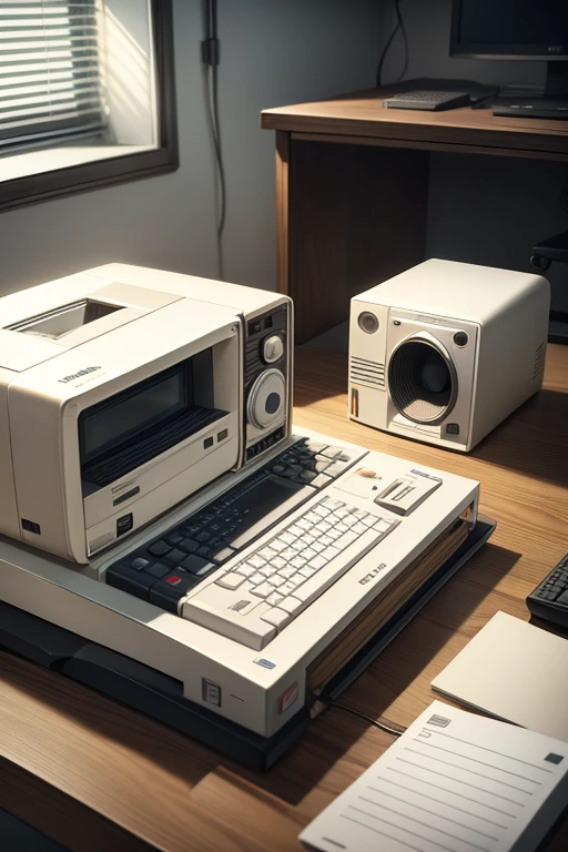 A stunning, sleek beige vintage apple ii pc case designed by dieter rams, braun. product ad retro. industrial design inspiration. unreal engine render, natural lighting, on desk