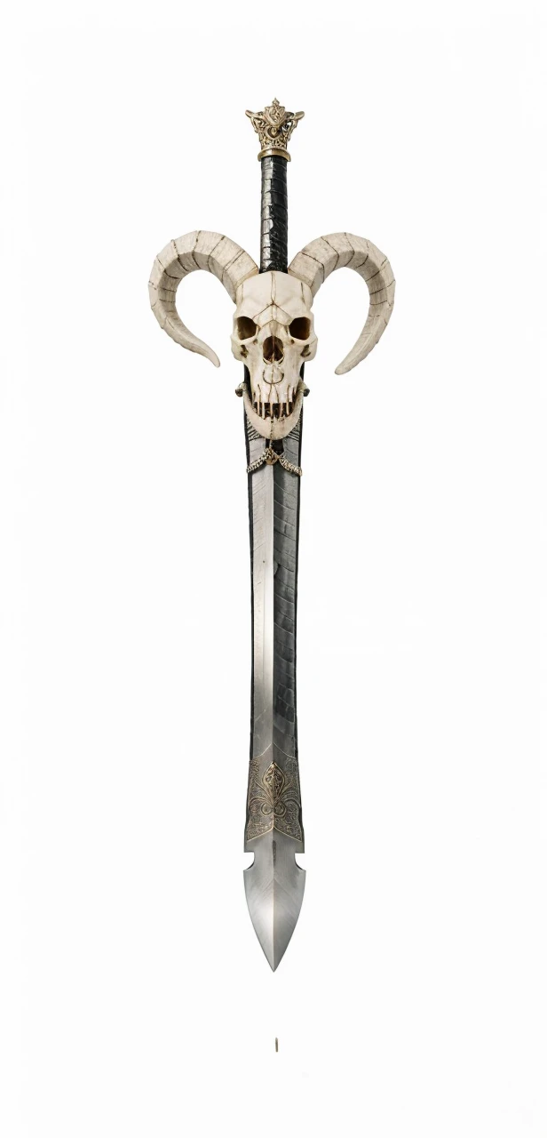 Sword, on its scabbard has a sheep's skull, sword wrapped by a black snake.