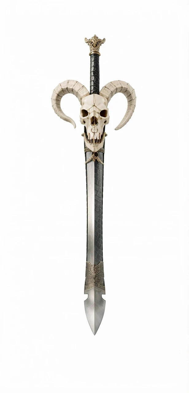 Sword, on its scabbard has a sheep's skull, sword wrapped by a black snake.