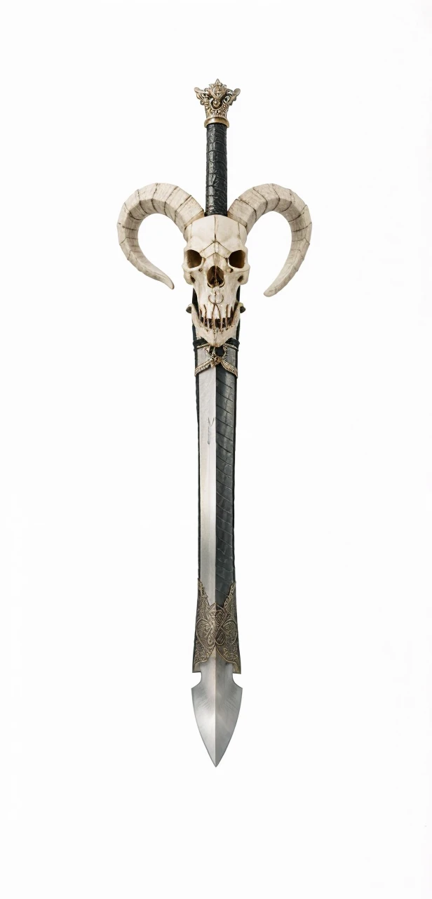 Sword, on its scabbard has a sheep's skull, sword wrapped by a black snake. 