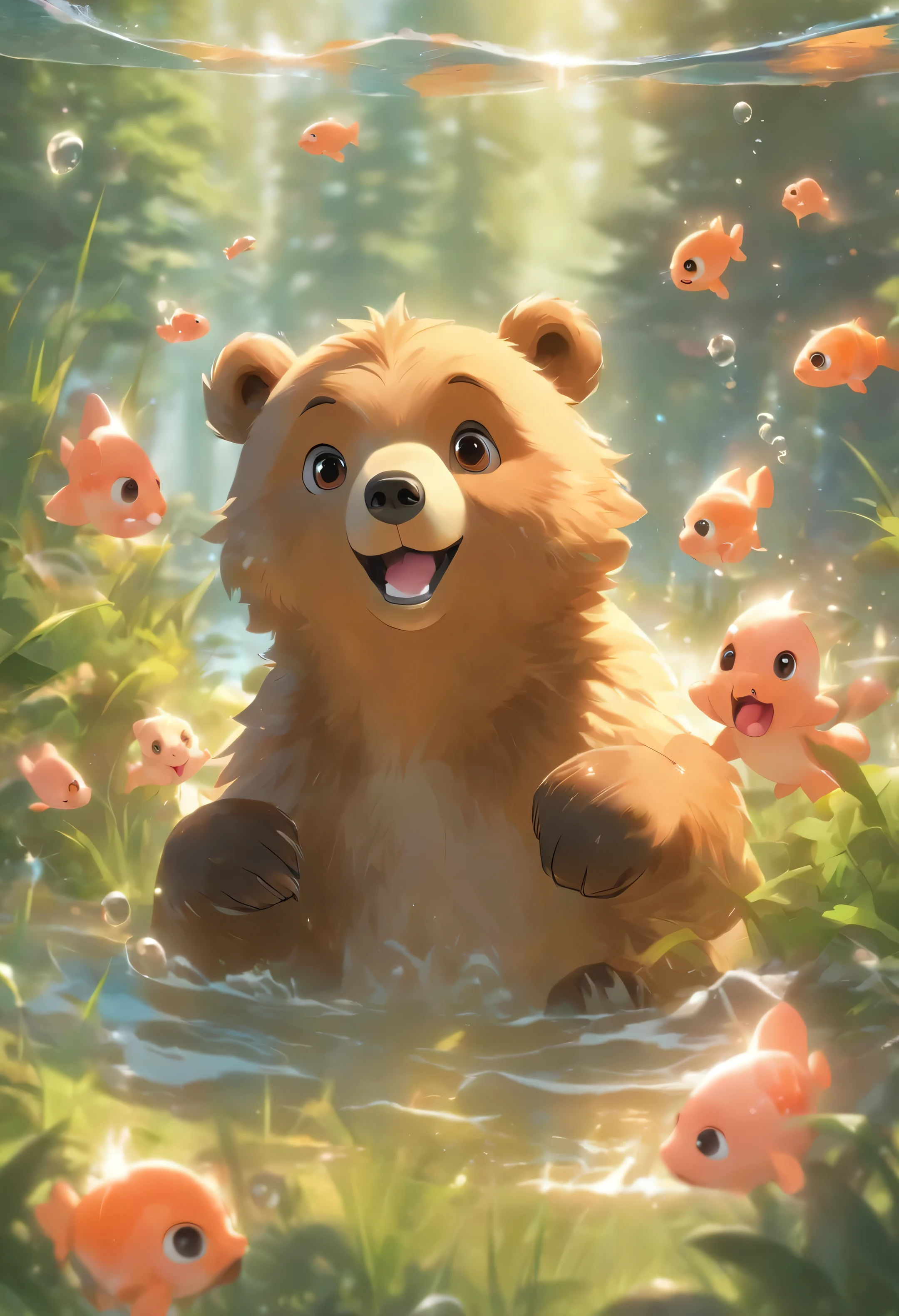 (Highest quality,4K,8K,High resolution,masterpiece:1.2),Super detailed,(Realistic,photoRealistic,photo-Realistic:1.37),Cute Bear,Eat fish,Big eyes,Blush Lash,greeting,Bear fur,Honey colored,Fish scales,Sparkling,Water Drop,Fresh salmon,Delicacy,Expression of joy,Warm sunshine,green葉,green々and grass,Blooming Flowers,Breeze,Playful bear cub,Forest Background,Harmonious,Peaceful atmosphere,Adorable poses,Curious look,Nose spasms,My ears are pinched,soft and fluffy fur,Bear Hand,pink paws,Friendly exchange,Small fish bones,Facial details,Expressive eyebrows,Beard,Playful splashes,An unbearably cute scene,Colorful and vibrant,contrast between the Bear fur and the fish,Accurate rendering of bear eyes and mouth,Attention to fur texture,Vibrant colors,Realistic lighting effects,Blurred Background,Underwater Scene,Natural habitat.