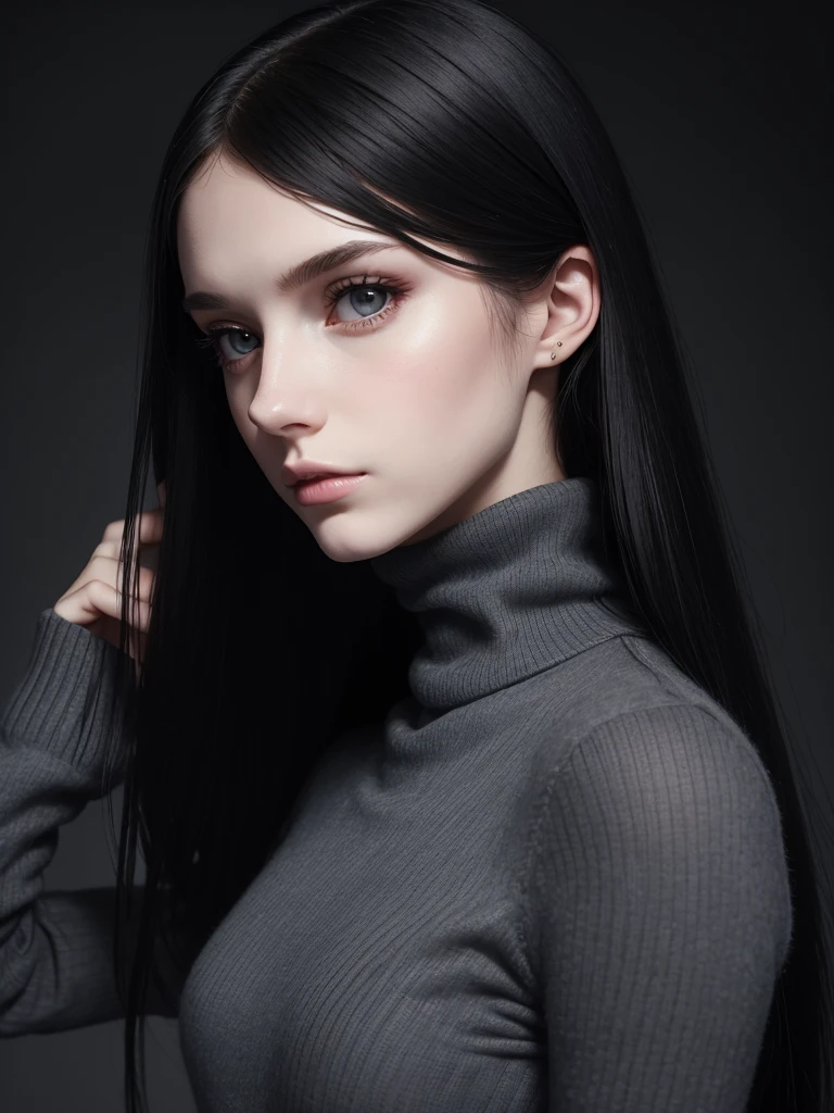 (best quality), 1girl, female, pale skin, (black hair), long hair, straight hair, grey eyes, perfect eyes, slender, tall, turtleneck sweater, stylish, elegant, serious, normal bust, masterpiece, anatomically correct, highres