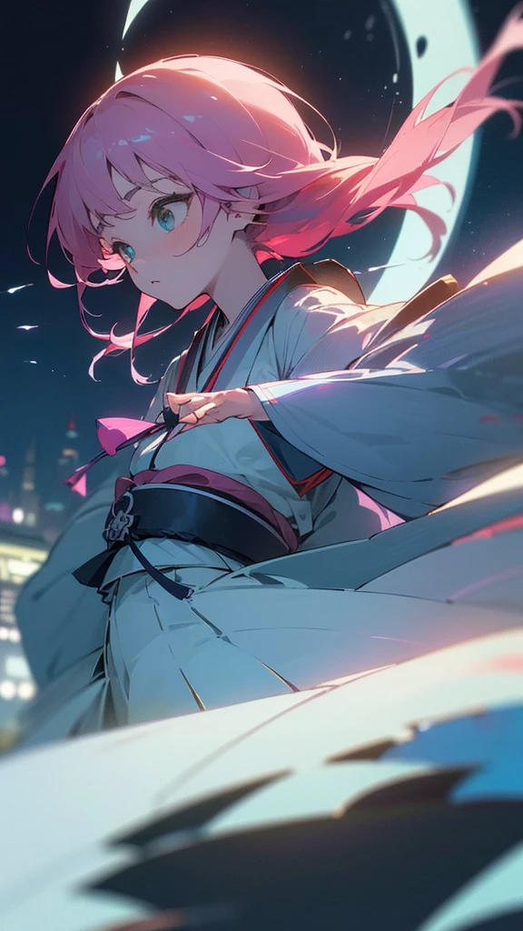 (((work of art: 1.5, best qualityer, high resolution: 1.3, super resolution, super detaill, super detaill: 1.3, rich background: 1.2))), 1 boy, standing alone, greeneyes, Long pink hair with blue ribbon, rhombus stripe, cute hair clip, schoolar uniform, White Seraphim, red sailor collar, manga curta, blue pleated skirt, (open air), ((city center), (crowd), ((Japanese Vibe: 1.3)), paisaje, ((natta)), darkness, (low light: 1.1), moonligh, (moonlighlight: 1.2), ((dynamic light: 1.4)), ((Head close-up))))))