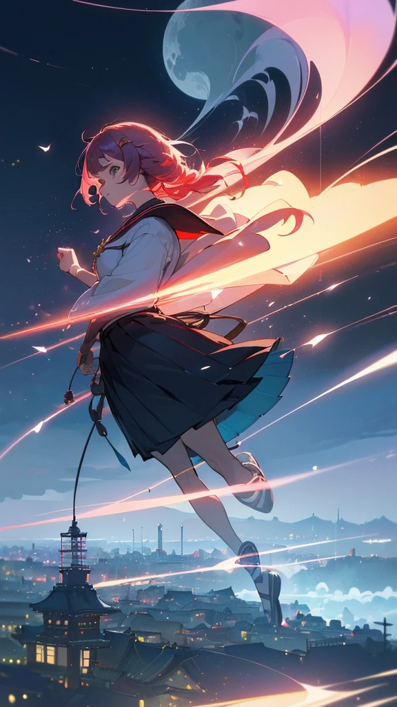 (((work of art: 1.5, best qualityer, high resolution: 1.3, super resolution, super detaill, super detaill: 1.3, rich background: 1.2))), 1 boy, standing alone, greeneyes, Long pink hair with blue ribbon, rhombus stripe, cute hair clip, schoolar uniform, White Seraphim, red sailor collar, manga curta, blue pleated skirt, (open air), ((city center), (crowd), ((Japanese Vibe: 1.3)), paisaje, ((natta)), darkness, (low light: 1.1), moonligh, (moonlighlight: 1.2), ((dynamic light: 1.4)), ((Head close-up))))))