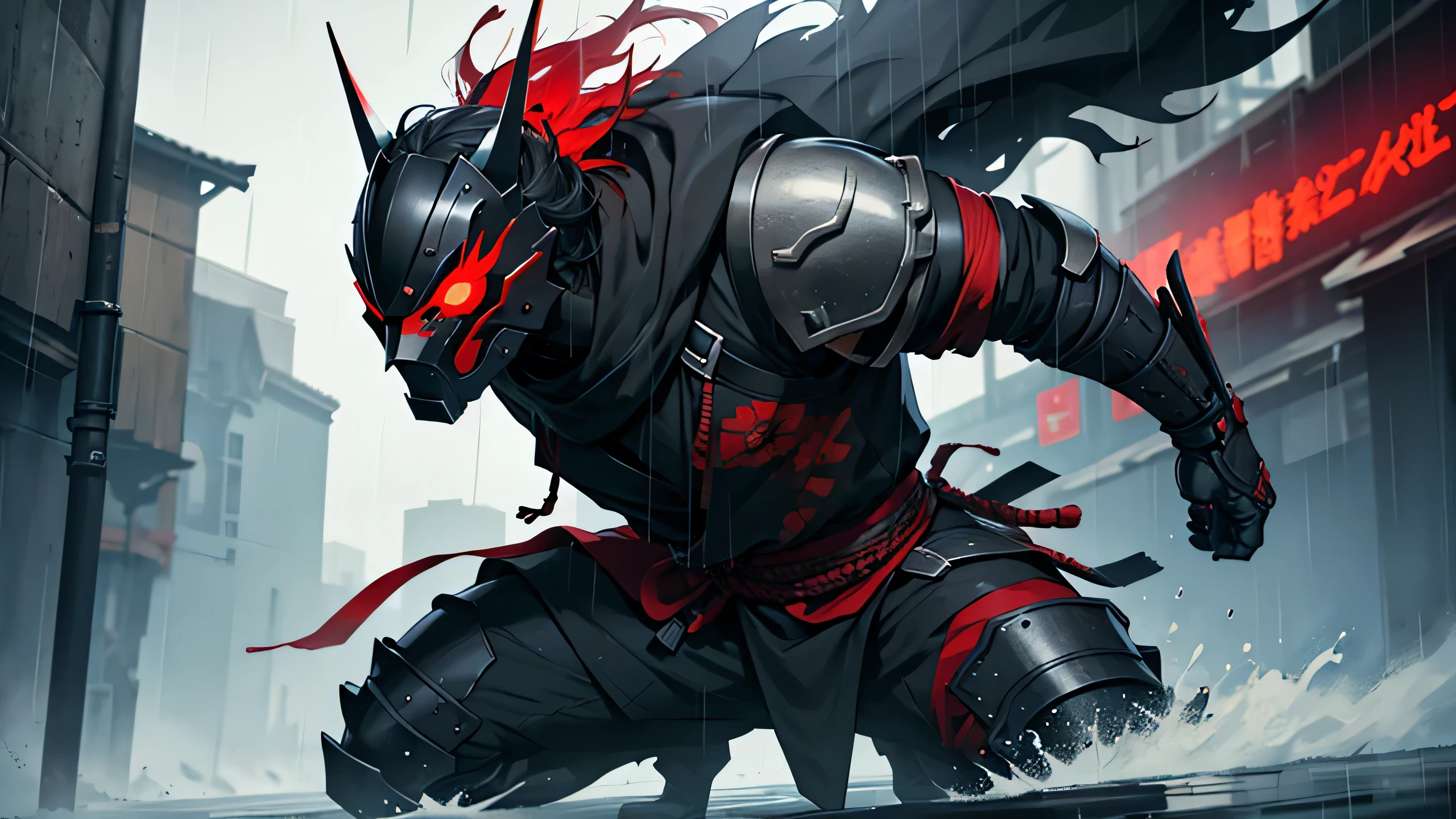 create black cyber samurai with red blood eye, mask, and bloody armor in the middle of rain