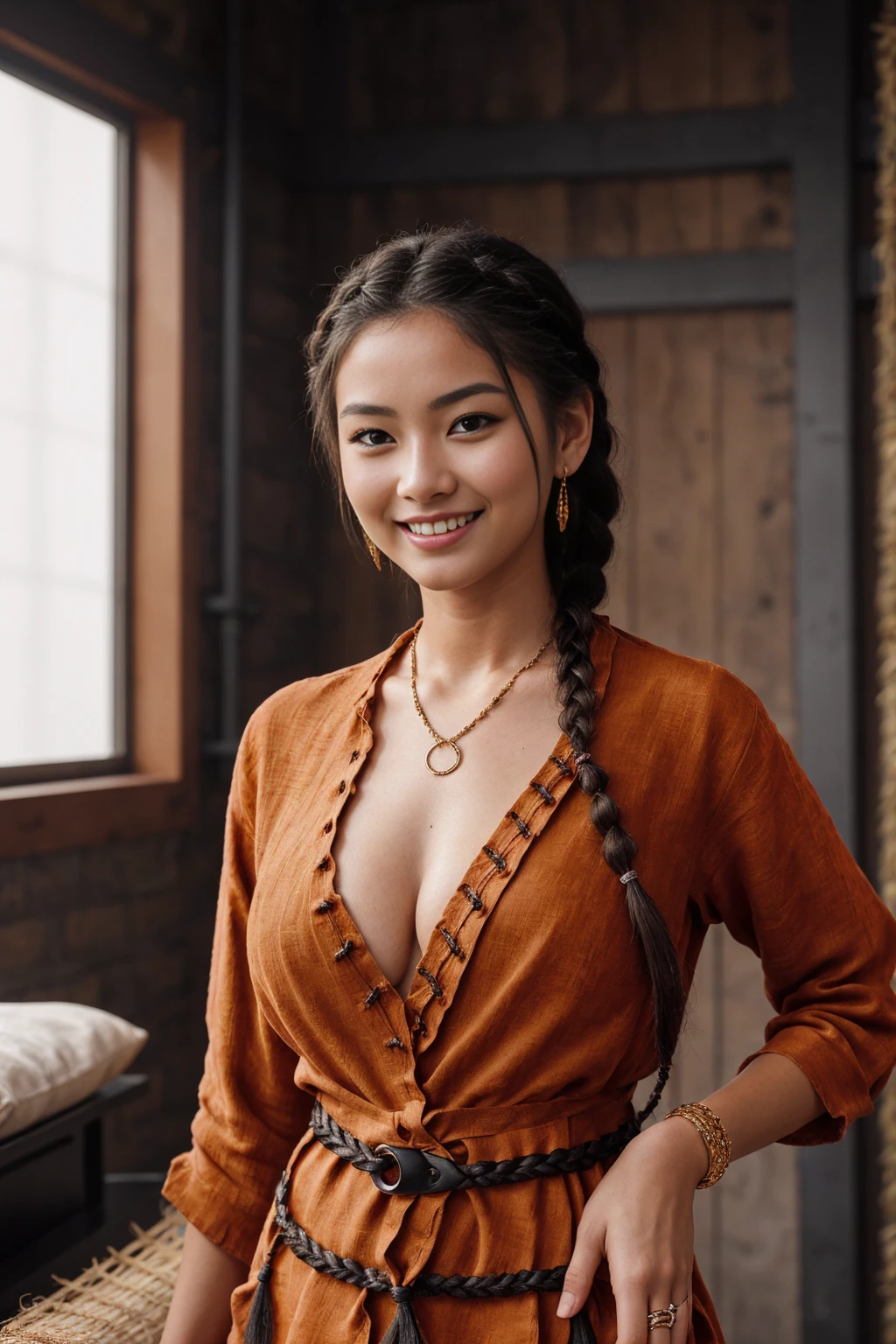 Half-length glamour portrait, nikon D850, f1.6 lens, 200mm, DSLR, 22 Megapixels, (((Industrial loft scene))), shot of a stunning 19 years old korean girl, (smile:1.4), (wearing Dark orange Linen shirt dress with braided raffia belt:1.6), ((seductive pose)), hot girl, (((big natural breasts))), (((black fringe hair))), (small girl), symmetrical face, photorealistic, photography, (bright natural lighting), gorgeous, deep cleavage, (masterpiece), best quality, high resolution, extremely detailed, cinematic lighting, (((very narrow waist))), rich colors, hyper realistic, lifelike texture, ((jewelry)), (((She has beautiful hands and wears rings))), (bracelet), (necklace), (ankle chain), (nail polish) (earrings), Fuji Superia 200, 8k
