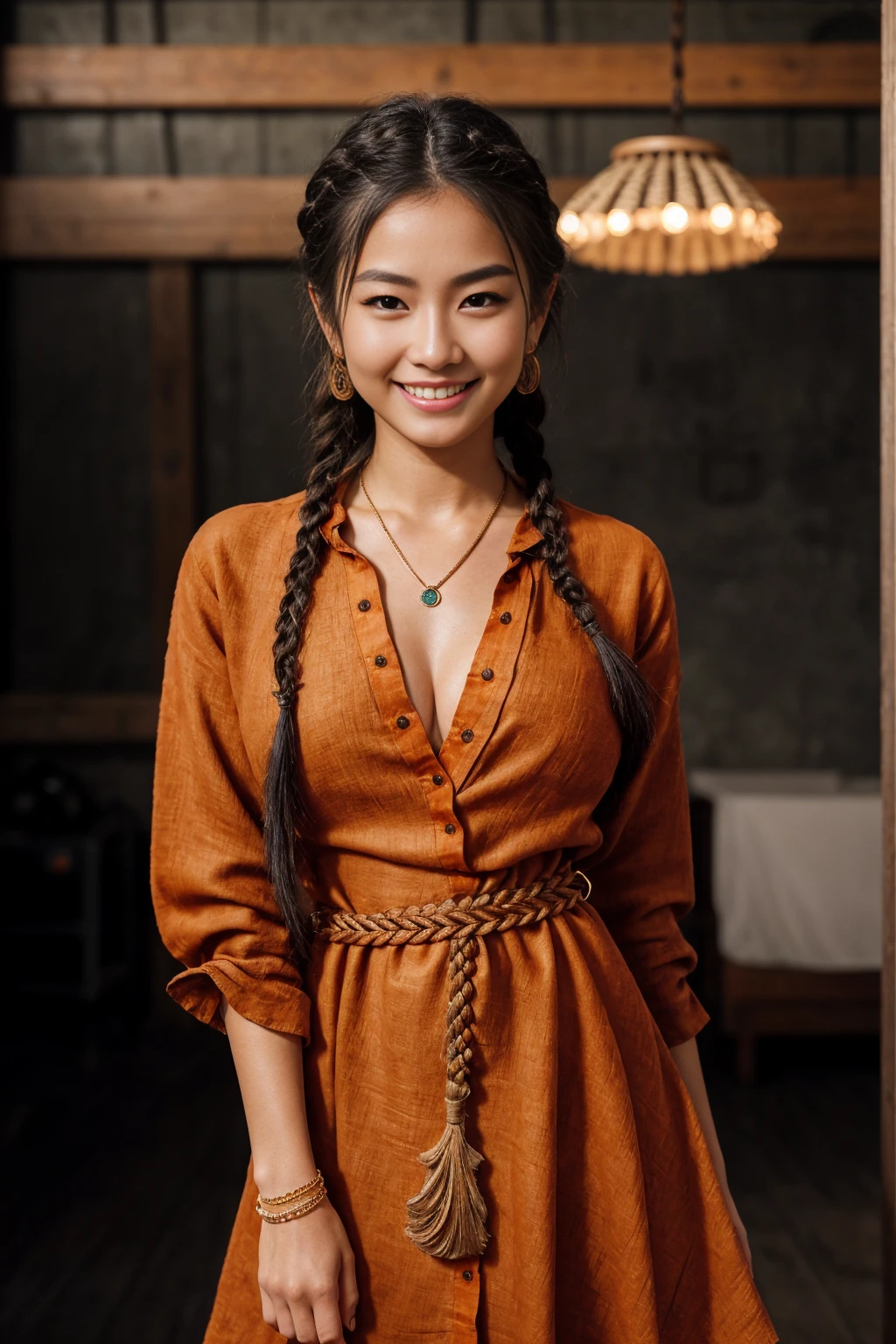 Half-length glamour portrait, nikon D850, f1.6 lens, 200mm, DSLR, 22 Megapixels, (((Industrial loft scene))), shot of a stunning 19 years old korean girl, (smile:1.4), (wearing Dark orange Linen shirt dress with braided raffia belt:1.6), ((seductive pose)), hot girl, (((big natural breasts))), (((black fringe hair))), (small girl), symmetrical face, photorealistic, photography, (bright natural lighting), gorgeous, deep cleavage, (masterpiece), best quality, high resolution, extremely detailed, cinematic lighting, (((very narrow waist))), rich colors, hyper realistic, lifelike texture, ((jewelry)), (((She has beautiful hands and wears rings))), (bracelet), (necklace), (ankle chain), (nail polish) (earrings), Fuji Superia 200, 8k