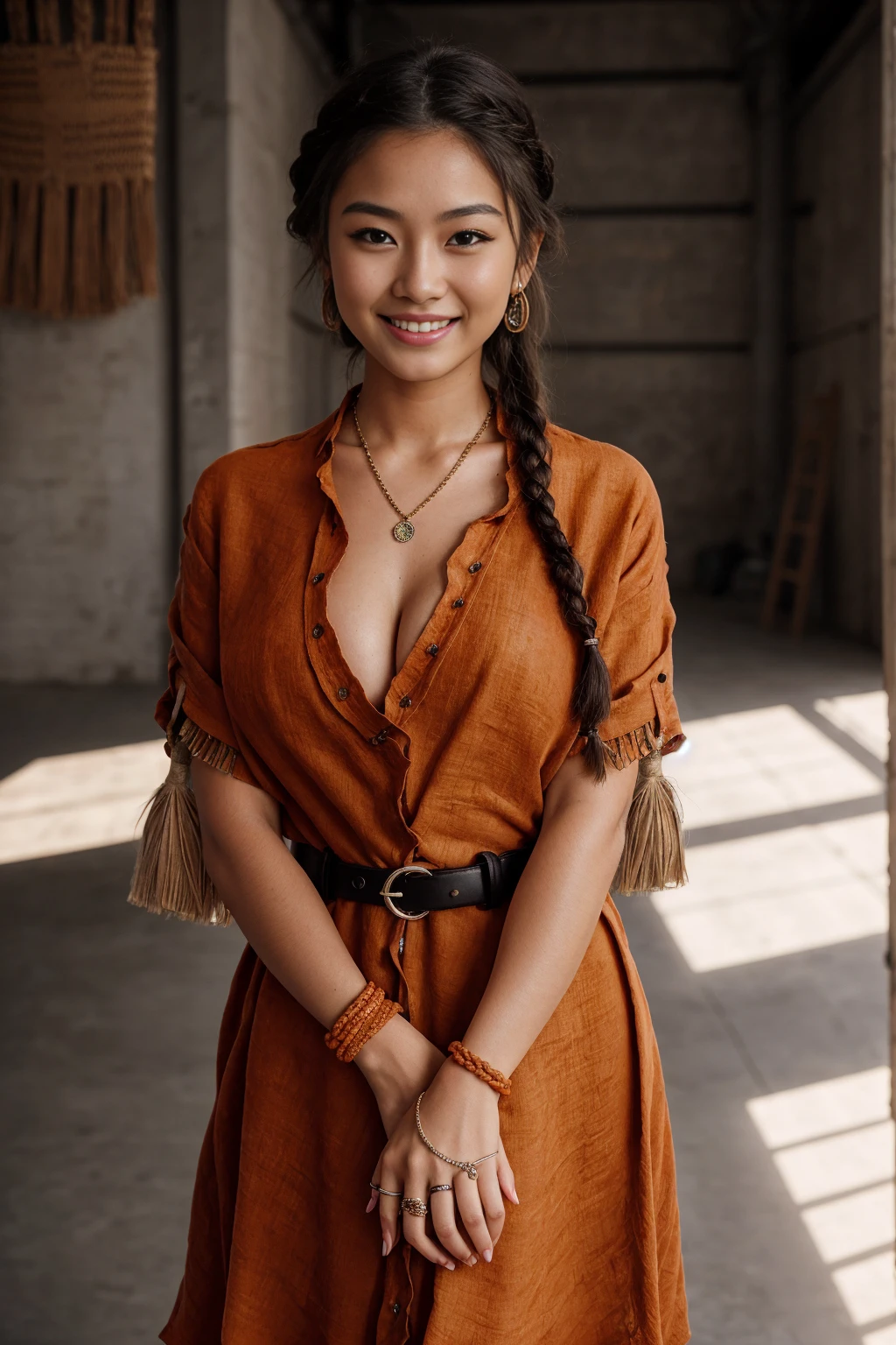 Half-length glamour portrait, nikon D850, f1.6 lens, 200mm, DSLR, 22 Megapixels, (((Industrial loft scene))), shot of a stunning 19 years old korean girl, (smile:1.4), (wearing Dark orange Linen shirt dress with braided raffia belt:1.6), ((seductive pose)), hot girl, (((big natural breasts))), (((black fringe hair))), (small girl), symmetrical face, photorealistic, photography, (bright natural lighting), gorgeous, deep cleavage, (masterpiece), best quality, high resolution, extremely detailed, cinematic lighting, (((very narrow waist))), rich colors, hyper realistic, lifelike texture, ((jewelry)), (((She has beautiful hands and wears rings))), (bracelet), (necklace), (ankle chain), (nail polish) (earrings), Fuji Superia 200, 8k